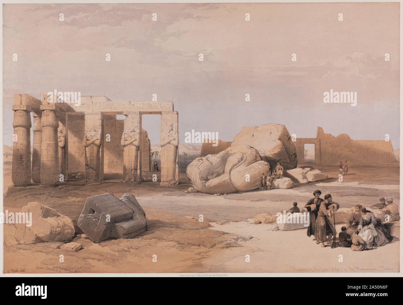 Ägypten und Nubien, Band II: Fragmente der großen kolosse am Memnonium, Theben, 1847. Von der Mitte des 19. Jahrhunderts, die Komplexität der Druck in zahlreichen Farben hatte wurde gemeistert, die ihren Höhepunkt in einer der Höhepunkte der Europäischen Druckgraphik. Die Platten gezeichnet von Haghe, die Aquarelle, David Roberts in Ägypten machte kopieren, sind hervorragende Beispiele für die farblithographie. Ägypten war ein entfernter, geheimnisvolles Land für Europäer und Haghe, ein schottischer topographischen und architektonischen Künstler, der im Jahr 1838 in diesem alten Land verbrachten. Die daraus resultierenden Ausdrucke &#x2014; die ersten Co Stockfoto