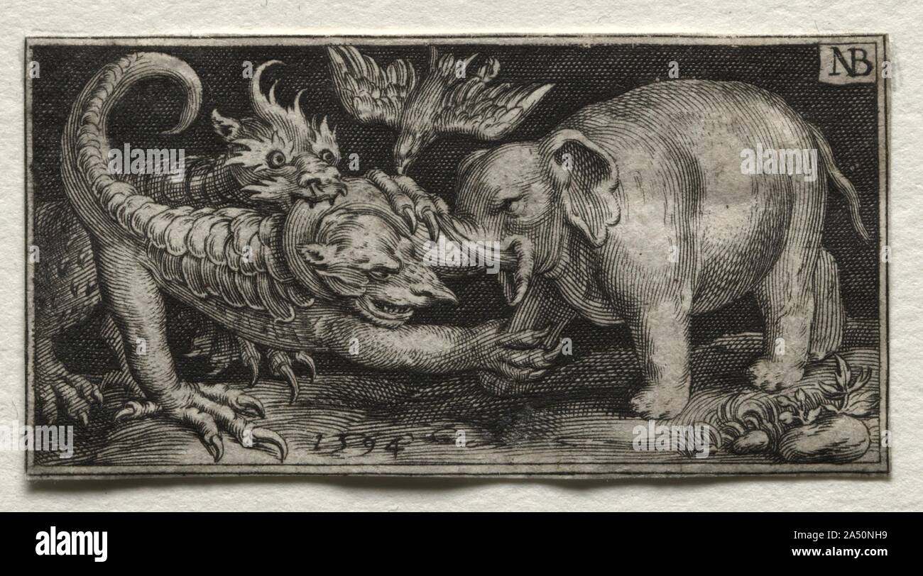 Elefanten kämpfen zwei Tiere, 1594. Stockfoto