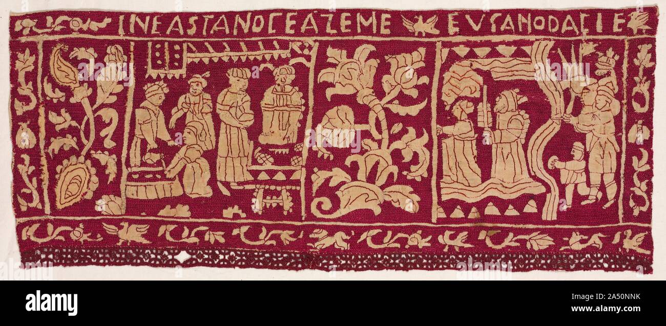 Bestickte Grenze: der Ungesäuerten Brote und die Söhne Israel entließ, 1500s-1600s. Die Grenze Fragmente auf der linken erzählen die Geschichte der Israeliten ungesäuertes Brot backen im ersten Passah, nach dem er aus der Gefangenschaft in Ägypten geliefert wurden. In der oberen Leiste, Bäcker mischen und kneten Sie den Teig; der untere Bereich zeigt die Bäcker auf einem gefliesten Boden stehen, während das Brot in einen gemauerten Ofen. Dieses gemeinsamen Haushalts Szene würde vertraut auf das italienische Publikum haben während der Renaissance. Zwei Fragmente zeigen Ereignisse, die im Buch Exodus aufgezeichnet. Im oberen Fenster, t Stockfoto