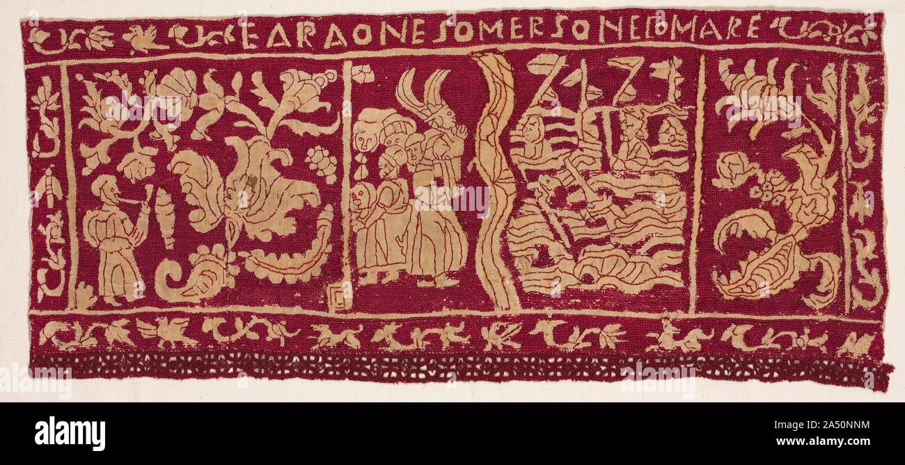 Gestickte Rand: Der Pharao eingetaucht in das Meer, 1500s-1600s. Die Grenze Fragmente auf der linken erzählen die Geschichte der Israeliten ungesäuertes Brot backen im ersten Passah, nach dem er aus der Gefangenschaft in Ägypten geliefert wurden. In der oberen Leiste, Bäcker mischen und kneten Sie den Teig; der untere Bereich zeigt die Bäcker auf einem gefliesten Boden stehen, während das Brot in einen gemauerten Ofen. Dieses gemeinsamen Haushalts Szene würde vertraut auf das italienische Publikum haben während der Renaissance. Zwei Fragmente zeigen Ereignisse, die im Buch Exodus aufgezeichnet. Im oberen Bereich der Pharao wird angezeigt, r Stockfoto