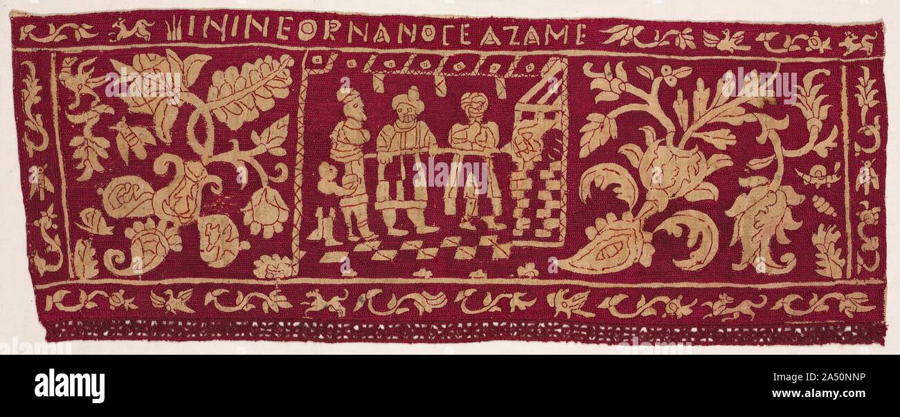 Gestickte Rand: Das Backen der Ungesäuerten Brote, 1500s-1600s. Die Grenze Fragmente auf der linken erzählen die Geschichte der Israeliten ungesäuertes Brot backen im ersten Passah, nach dem er aus der Gefangenschaft in Ägypten geliefert wurden. In der oberen Leiste, Bäcker mischen und kneten Sie den Teig; der untere Bereich zeigt die Bäcker auf einem gefliesten Boden stehen, während das Brot in einen gemauerten Ofen. Dieses gemeinsamen Haushalts Szene würde vertraut auf das italienische Publikum haben während der Renaissance. Zwei Fragmente zeigen Ereignisse, die im Buch Exodus aufgezeichnet. Im oberen Bereich der Pharao ist die Freigabe angezeigt Stockfoto