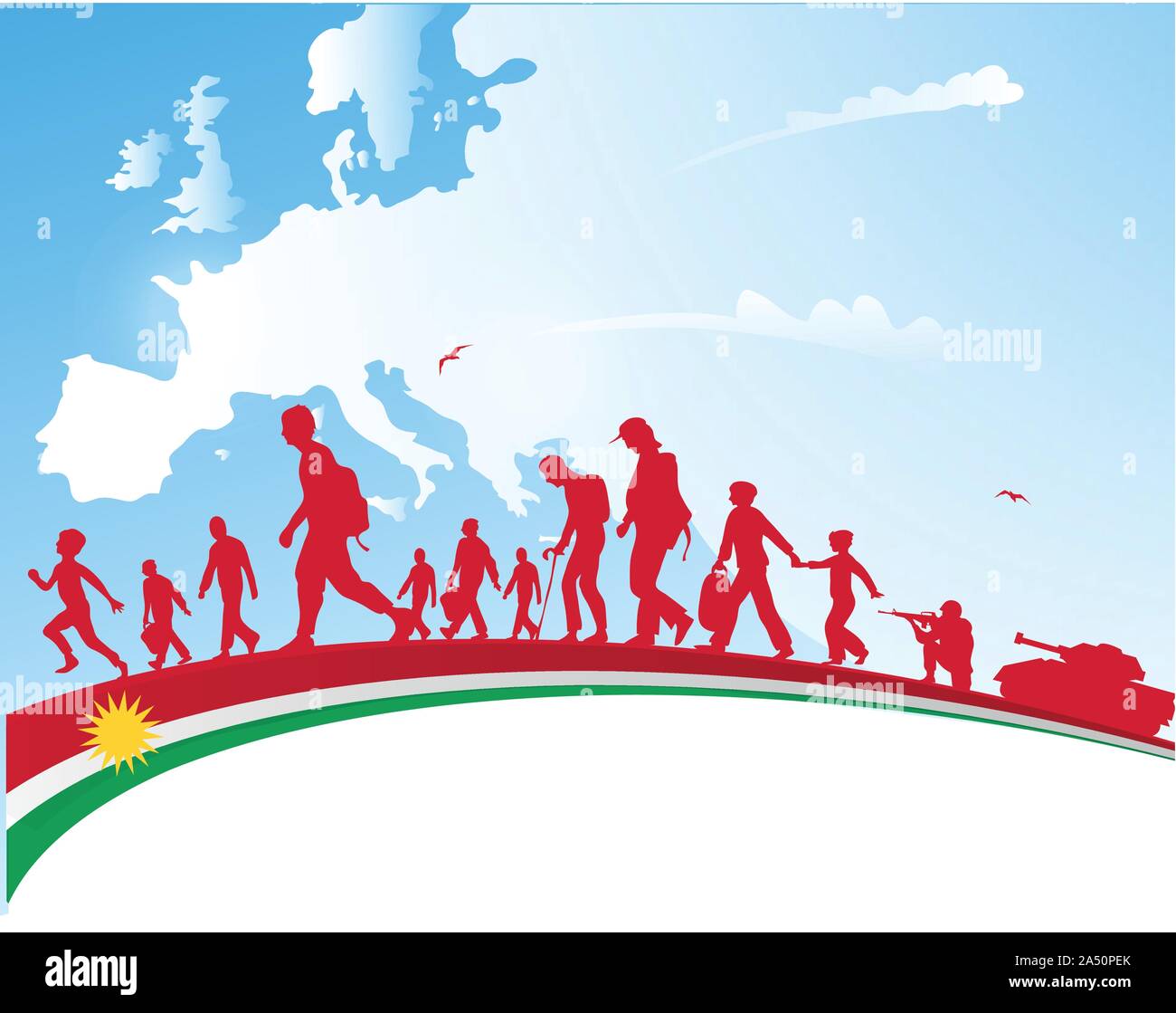 Einwanderung Menschen mit kurdistan Flagge auf Europa Karte Hintergrund Stock Vektor