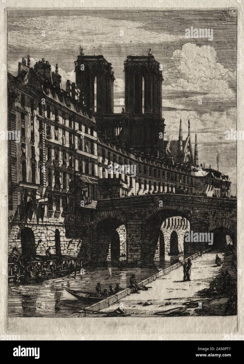Radierungen von Paris: Die kleine Brücke, 1850. Obwohl Meryon machte die erste Studie für diese Szene mit einer Kamera lucida (eine Vorrichtung mit einem Prisma oder eine Anordnung von Spiegeln, die das Bild auf einer Oberfläche reflektiert, so dass die Konturen kann nachvollzogen werden), der Künstler dann Änderungen der Zusammensetzung &#x2014; die Höhe der Türme von Notre-Dame, zum Beispiel. Meryon nicht die Absicht, seine Platten die Präzision, mit der ein Foto zu haben. Er kombiniert zwei Ansichten &#x2014; eine Skizze von einem Tiefpunkt an den Rand des Wassers und einen Blick von der Brüstung &#x2014;, die zwar nicht völlig ac Stockfoto