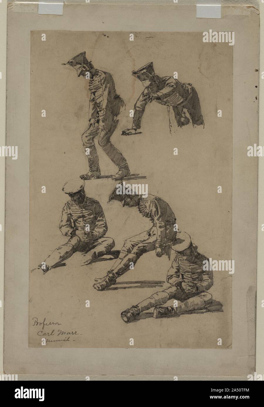 Fünf Studien eines Soldaten, viertes Viertel aus dem 19. Jahrhundert oder im ersten Drittel des 20. Jahrhunderts. Stockfoto