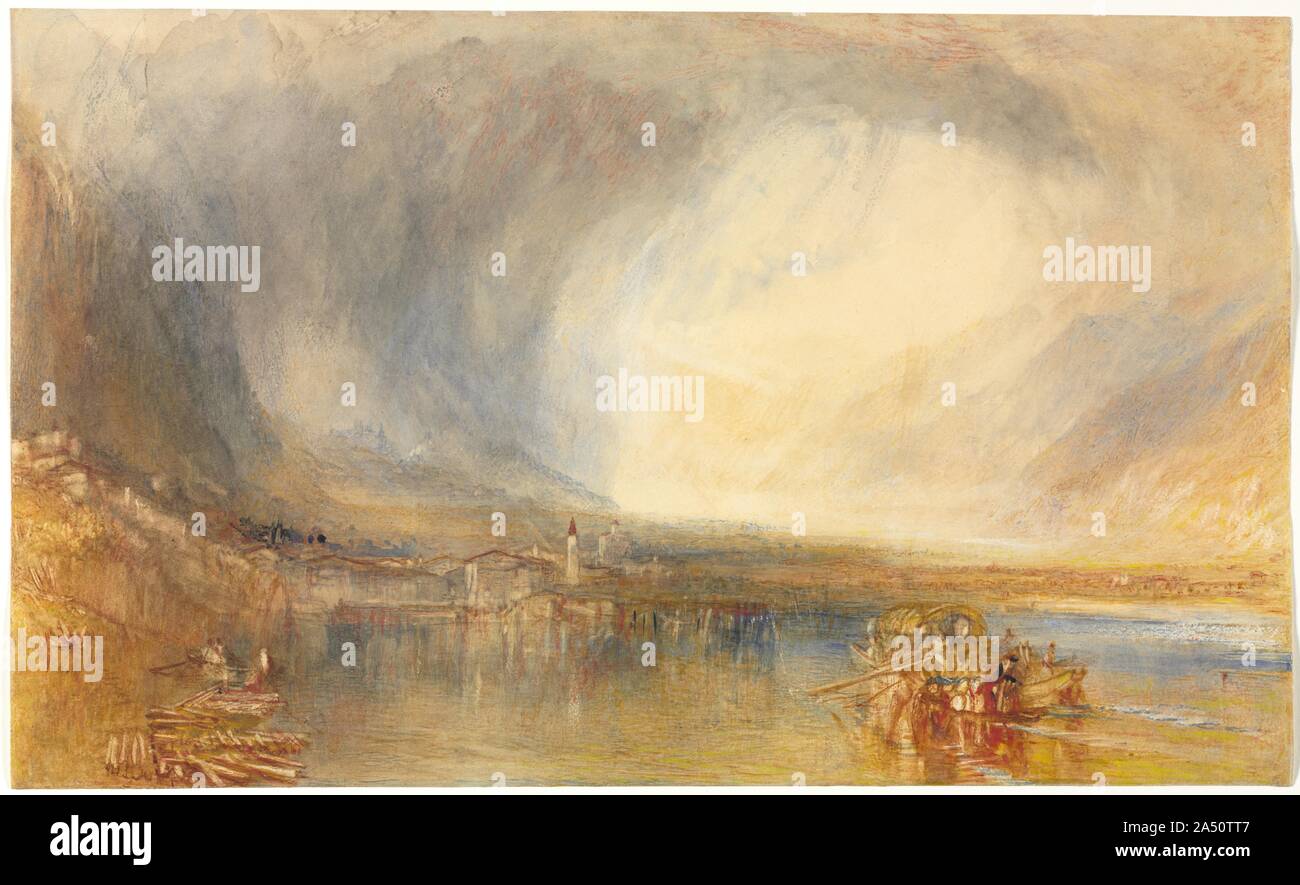 Fl&#xfc; Elen, vom See von Luzern, 1845. Turner &#x2019;s herrliche Schweizer Aquarelle, nahe dem Ende von malte der Künstler &#x2019;s Leben, repräsentieren die triumphierende Höhepunkt des goldenen Zeitalters der Britischen Aquarell Malerei. Hier, Turner scheint die kleine Stadt von Fl zu Zaubern &#xfc; elen und seine schimmernde Reflexion aus violett-farbigen Nebel. Die wirbelnden Vortex von Licht unterstreicht die Pracht der Natur, während die Aufnahme von Zahlen über ihr tägliches Leben in den Weiten der Alpen wird eine Erinnerung an die Realität der Szene. Die reife Turner ist an seinem majestätischen Hier Stockfoto