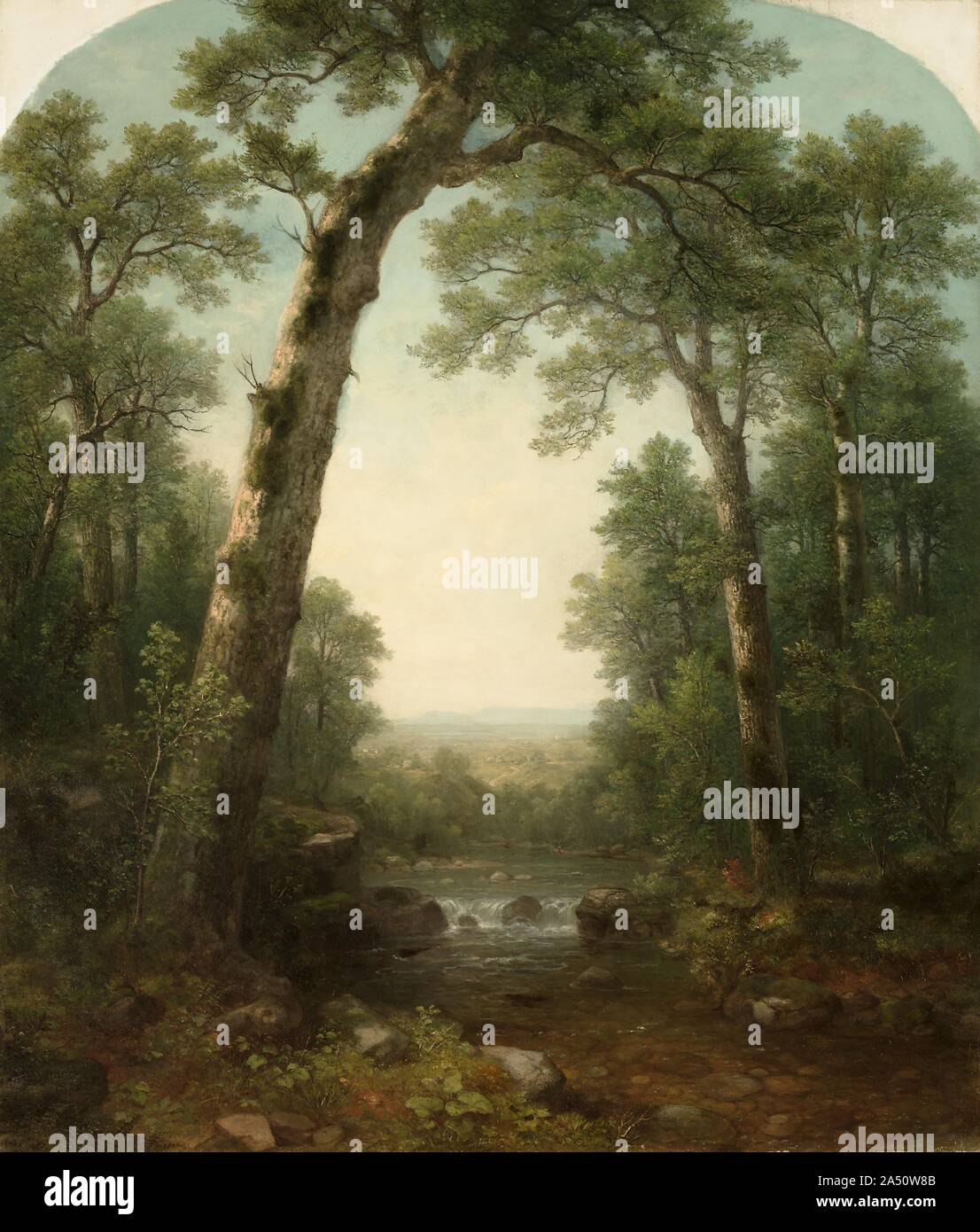 Wald Strom mit Vista, 1872. Durand begann seine Karriere als Bank - Hinweis Stecher, wurde aber durch das Beispiel von Thomas Cole inspiriert der Landschaftsmalerei zu drehen. Zusammen mit Cole er ist der bedeutendste Meister des "erste Generation" der Hudson River School Maler betrachtet. Aus seiner Erfahrung als Kupferstecher, Durand war daran gewöhnt, zu schließen, detaillierte Arbeit. Das hervorstechende Merkmal seines Stils war seine Fähigkeit, die abwechslungsreiche Texturen aus Stein, Moos zu erfassen, Baumstämme, Wasser und anderen natürlichen Formen. Viele seiner Bilder, wie dieses, ähneln Banknoten in ihrer Zusammensetzung, Stockfoto