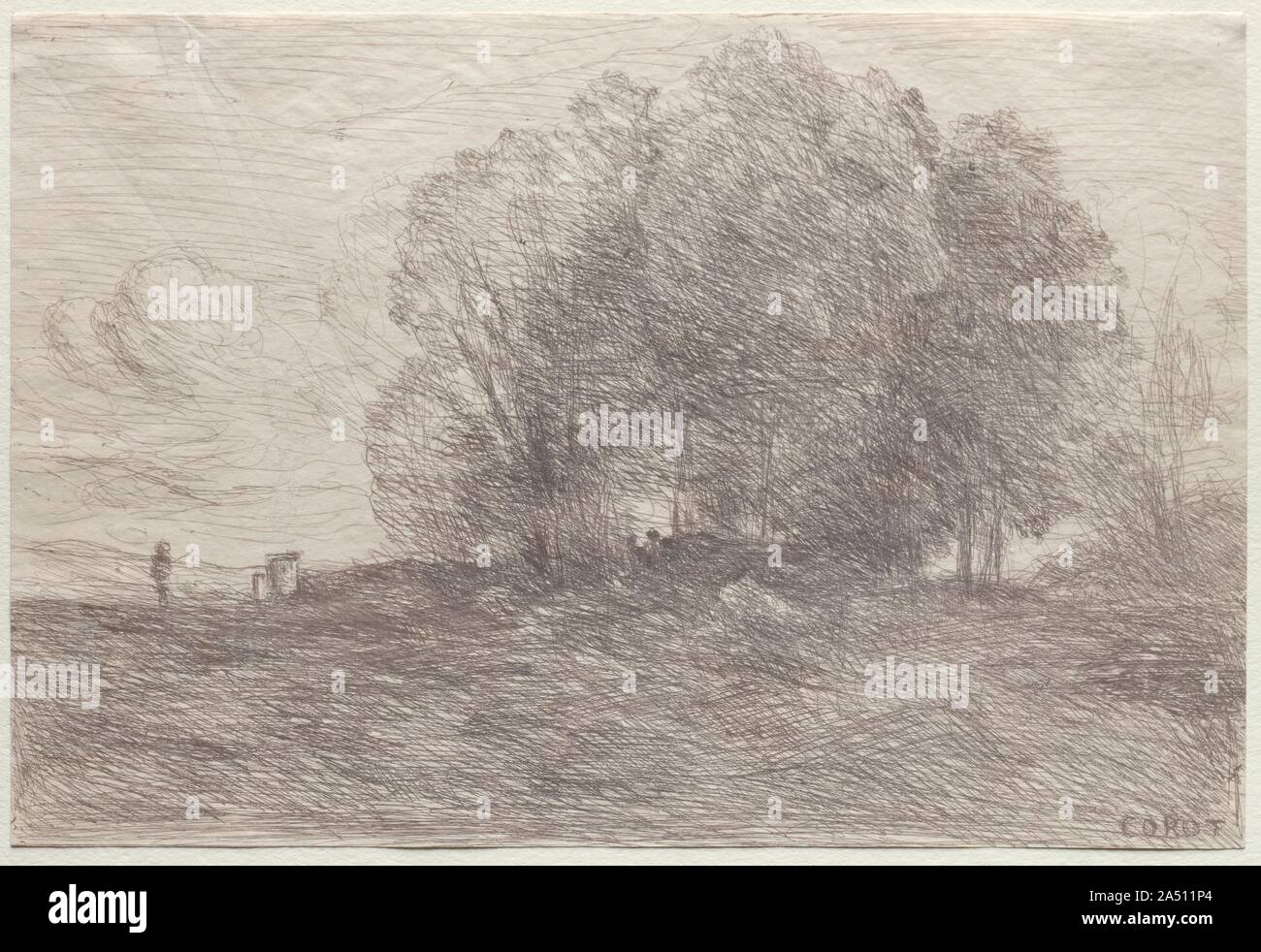 Gruppe von Bäumen, 1858. Der reinste Ausdruck der pastoralen in französischer Sprache Landschaft in der Mitte des 19. Jahrhunderts in die Arbeit des Corot gefunden werden. In den Klischees&#xe9;-verre Ausdrucke, die er zwischen 1854 und 1874 erstellt, Corot nutzten die Spontaneität dieser einfachen Prozess. Direkt Zeichnung auf einer Glasplatte, beschichtet mit Collodium und dann drucken Sie wie ein Fotonegativ, Corot entwickelt eine lockere, Free Style der Zeichenkunst, in seiner Malerei beispiellos war. Waren Ausdrucke wie diese rein zu seiner eigenen Freude gemacht und waren nicht für den Verkauf bestimmt. Anmutig, fließende Linien fließen von Tre Stockfoto