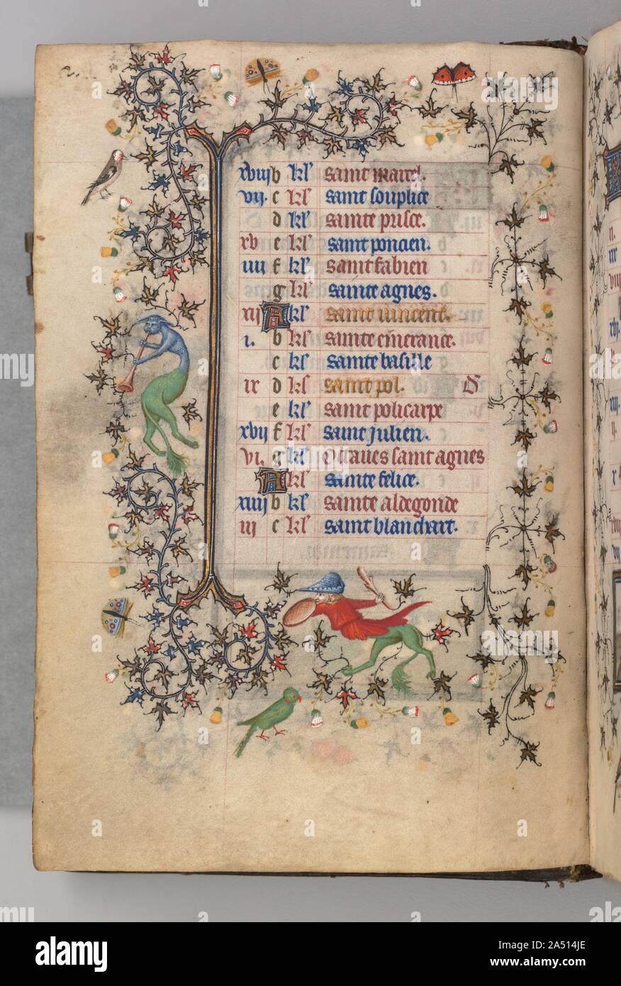 Von Karl die Edlen, König von Navarra (1361-1425): fol. 1 v, Januar, C. 1405. Dieses wertvolle Buch war sehr von seinem Besitzer, Charles III., König von Navarra, ein französischer Prinz, dessen Wappen am 20 Folios gemalt ist geboren geschätzt. Charles besucht Paris bei zahlreichen Gelegenheiten und wahrscheinlich, dass diese Band es 1404 erworben. Paris war das Zentrum der Europäischen Buchhandel zur Zeit und zog Strahler aus vielen Teilen Europas. Dieses Manuskript ist eine der bemerkenswertesten Fusionen der französischen und italienischen Geschmack in der Buchmalerei. Obwohl nach Pariser Standards, die meisten Stockfoto