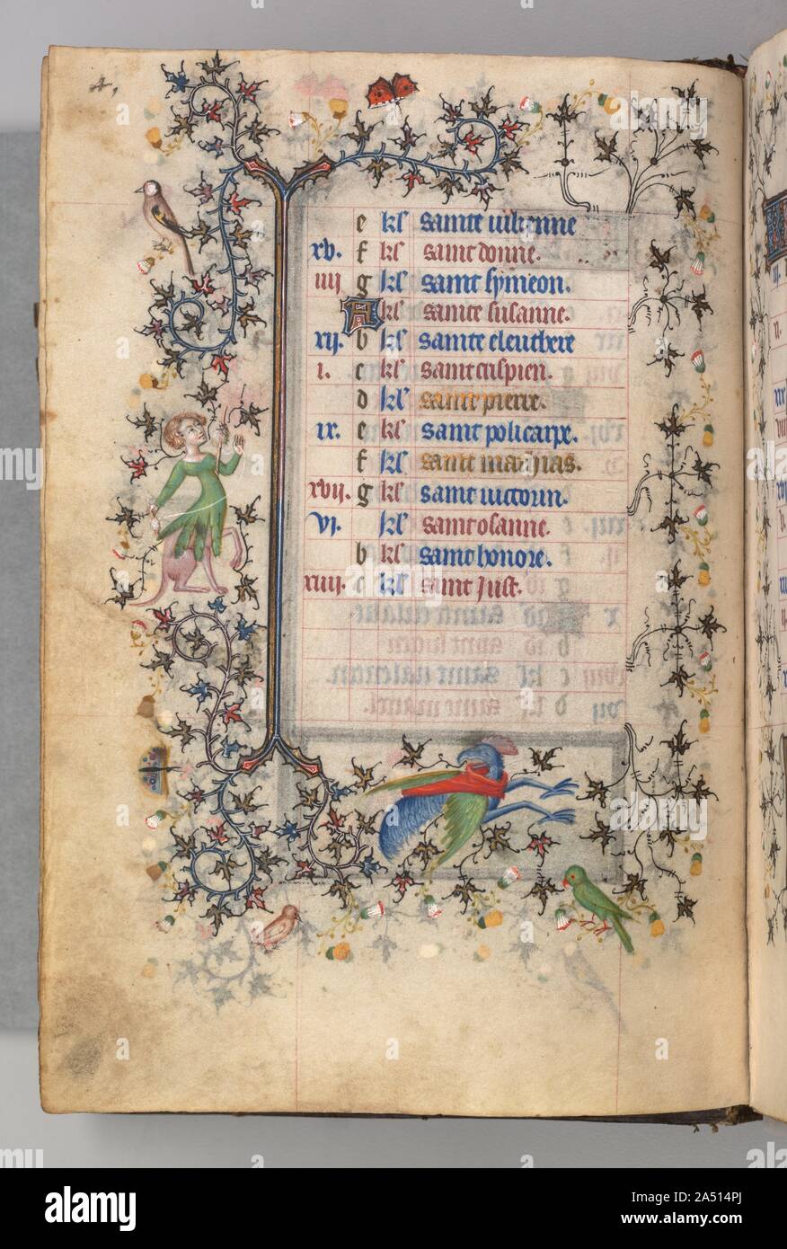 Von Karl die Edlen, König von Navarra (1361-1425): fol. 2 v, Februar, C. 1405. Dieses wertvolle Buch war sehr von seinem Besitzer, Charles III., König von Navarra, ein französischer Prinz, dessen Wappen am 20 Folios gemalt ist geboren geschätzt. Charles besucht Paris bei zahlreichen Gelegenheiten und wahrscheinlich, dass diese Band es 1404 erworben. Paris war das Zentrum der Europäischen Buchhandel zur Zeit und zog Strahler aus vielen Teilen Europas. Dieses Manuskript ist eine der bemerkenswertesten Fusionen der französischen und italienischen Geschmack in der Buchmalerei. Obwohl nach Pariser Standards, die meisten Stockfoto