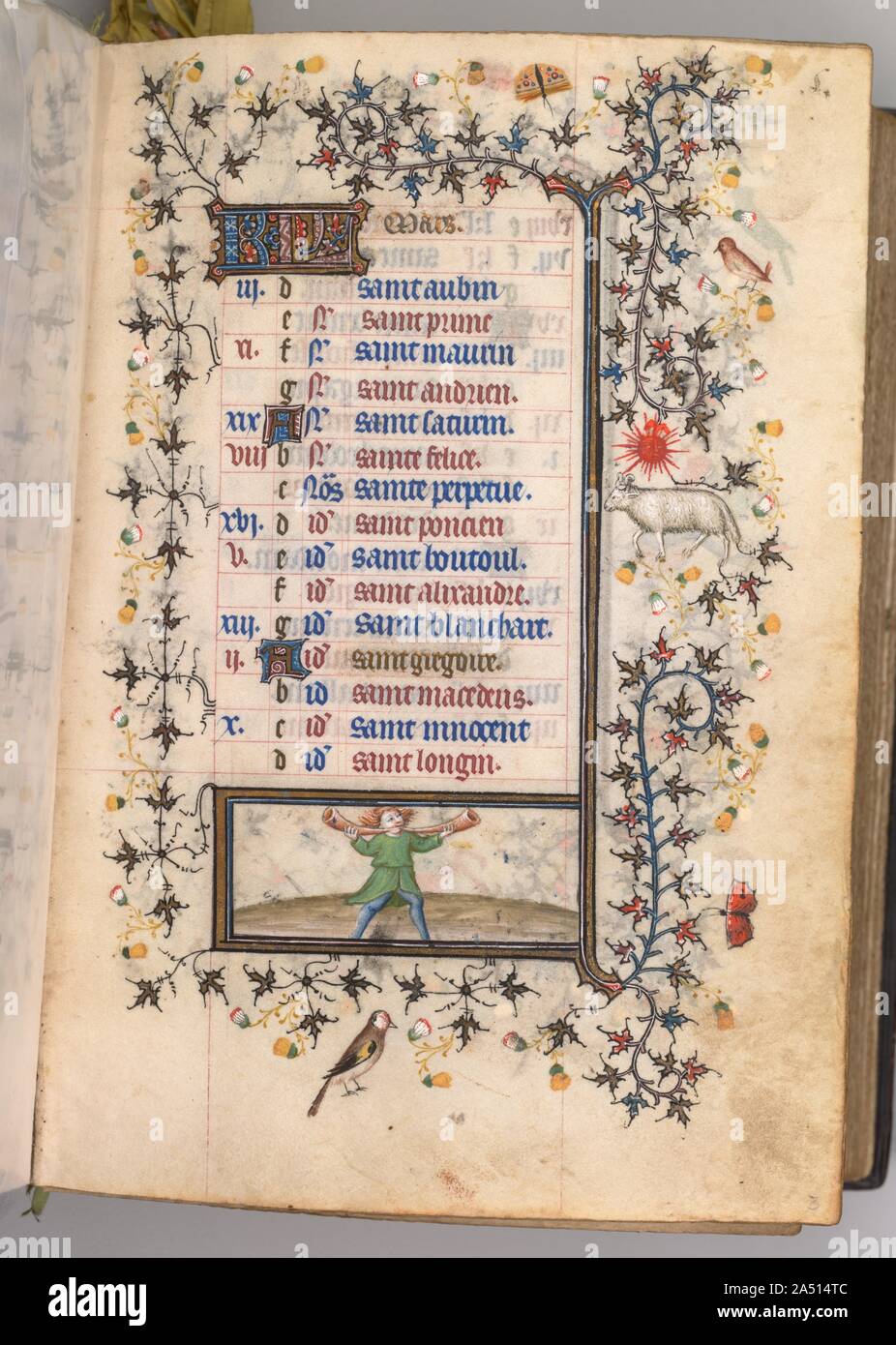 Von Karl die Edlen, König von Navarra (1361-1425): fol. 3r, März, C. 1405. Dieses wertvolle Buch war sehr von seinem Besitzer, Charles III., König von Navarra, ein französischer Prinz, dessen Wappen am 20 Folios gemalt ist geboren geschätzt. Charles besucht Paris bei zahlreichen Gelegenheiten und wahrscheinlich, dass diese Band es 1404 erworben. Paris war das Zentrum der Europäischen Buchhandel zur Zeit und zog Strahler aus vielen Teilen Europas. Dieses Manuskript ist eine der bemerkenswertesten Fusionen der französischen und italienischen Geschmack in der Buchmalerei. Obwohl nach Pariser Standards, die meisten der Bo Stockfoto