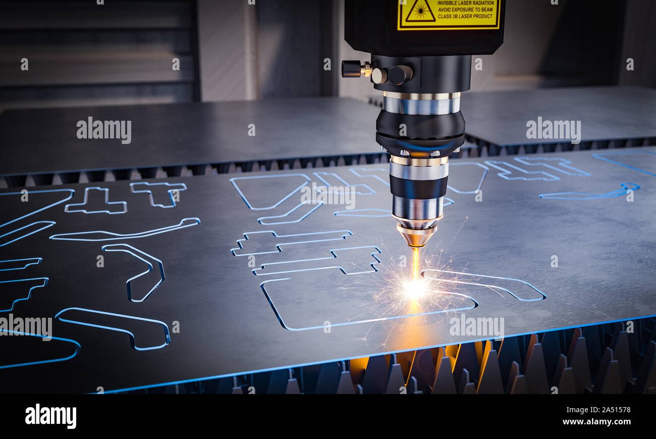 Cnc-Laser maschinen für die Metallbearbeitung. 3D-Bild gerendert werden. Konzept der Automatisierung in der Schwerindustrie. Stockfoto
