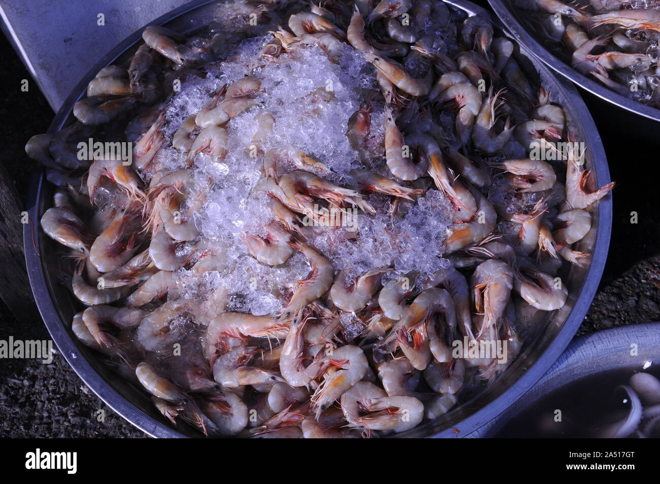 Gefrorenen Garnelen für Verkauf an ein Open Air mit frischen Meeresfrüchten ausgeht, den Russischen Markt, Phnom Penh, Kambodscha. © kraig Lieb Stockfoto