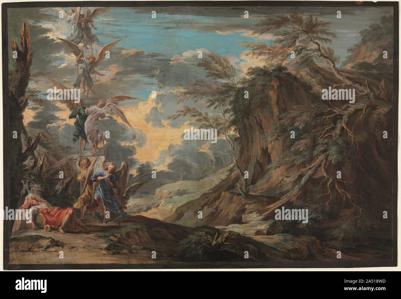 Jakobs Traum, C. 1720. Mit seinem Exquisit gouache Kopien nach Gemälden von Salvator Rosa beendete, Goupy spielte eine bedeutende Rolle bei der Kultivierung eines Geschmack für italienische Kunst im 18. Jahrhundert in Großbritannien. Hier Goupy kopiert ein Ölgemälde von Rosa jetzt in der Devonshire Kollektion in Chatsworth. Kopieren von alten Meistern war ein verehrt Praxis im 18. Jahrhundert. Darüber hinaus wird ein wesentlicher Aspekt der künstlerischen Ausbildung, die Verbreitung der großen Kunstwerke serviert Kenner zu erziehen und die öffentliche Meinung zu gestalten. Goupy &#x2019;s leuchtenden Gouachefarben waren hoch geschätzt, das Abrufen von Preisen Berücksichtigung Stockfoto