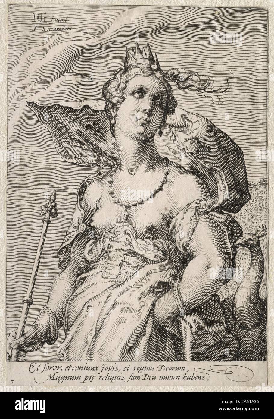 Juno, C. 1595. Goltzius popularisierte eine Art der Gravur in der hypnotisierende Muster der geschwungenen, spitz zulaufend und kreuz und quer durch Linien; es war besonders in den späten 1500s geschätzt. Konzipiert für seinen Schüler Saenredam zu gravieren, diese Drucke zeigen die drei Göttinnen aus der Geschichte von dem Urteil des Paris, in denen jeder den goldenen Apfel zu den Schönsten ausgezeichnet behauptet. Jupiter latente Urteil nach Paris, ein Sterblicher geschätzt für seine faire Offenheit. Juno und Athena versuchte Paris mit einem Empire und Fähigkeit im Krieg zu bestechen, aber Venus machte ihm ein Angebot, das er nicht widerstehen konnte: Helen, der Welt &#x2 Stockfoto