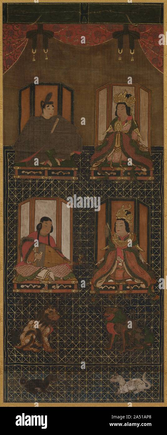 Koya Myojin (Mandala der vier Gottheiten des Mt. Koya), 16. Bei seiner Ankunft in Japan, das 9. Jahrhundert chinesischer Buddhistischer Priester Kukai begann die Suche nach einem Ort, der für eine Meditation Halle geeignet wäre. Entlang der Weise, die er einen japanischen Jäger mit zwei Hunden, die ihm half, eine Website auf dem Berg Koya finden. Dieses Gebäude wurde die Heimat des einflussreichen esoterische Sekte des japanischen Buddhismus, und noch heute blüht. Die männliche Figur in aristokratischen Gewand in der oberen linken Ecke dieser Komposition gekleidet ist der Jäger, hier Vergöttert als Geist von Japans vor-buddhistischen, Shintoistischen glauben. Stockfoto