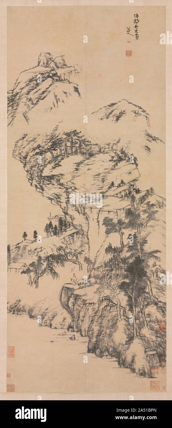 Landschaft nach Guo Zhongshu, Mitte 1600 s-1705. Die Praxis der Nachahmung der Arbeit der Meister war den Pinsel Techniken und Methoden der alten Meister als Grundlage für neue kreative Arbeit zu erwerben - ein Akt der Einsetzung der geistlichen Gemeinschaft mit den alten Meistern. Zhu Da, in seiner Inschrift, räumt ein, dass dieses Gemälde wurde nach dem frühen Song Meister Guo Zhongshu. Trotz dieser künstlerischen Anspruch, es gibt fast keine greifbaren stilistischen Zusammenhang zwischen Zhu Da und seine 10. Jahrhundert Modell zu finden. Dieses Gemälde zeigt die vitale Kraft der individuellen Vorgehensweise des Künstlers und ein Stockfoto