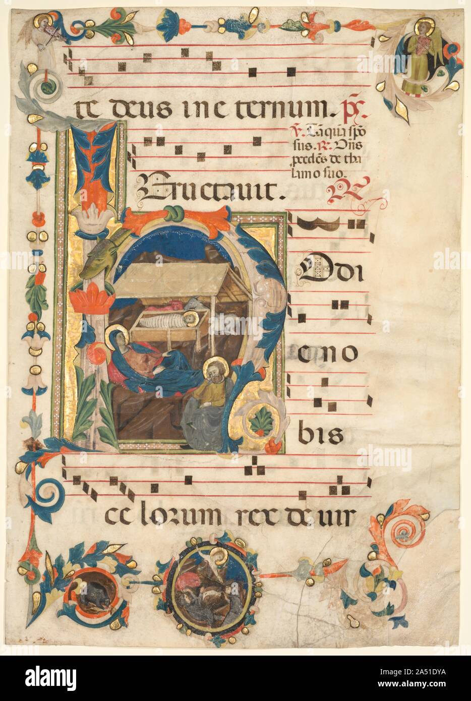 Von einem antiphonar mit Historisierte Initiale (H) mit der Geburt (recto) und Musik (verso), Anfang 1300 s Blatt. Diese enorme anfängliche h Zeigt den Anfang des Textes der ersten Matutin Antwort für Weihnachten: Hodie nobis celorum Rex (" An diesem Tag der König des Himmels"). Die erste wird entsprechend mit einer Szene Christi &#x2019; s Geburt. Zusammen mit anderen Malern und Strahler, Neri da Rimini wurde die Schule von Rimini, von einem malstil aufgrund viel zu der Arbeit von Giotto, die er vielleicht in Padua Auftreten geprägt. Stockfoto