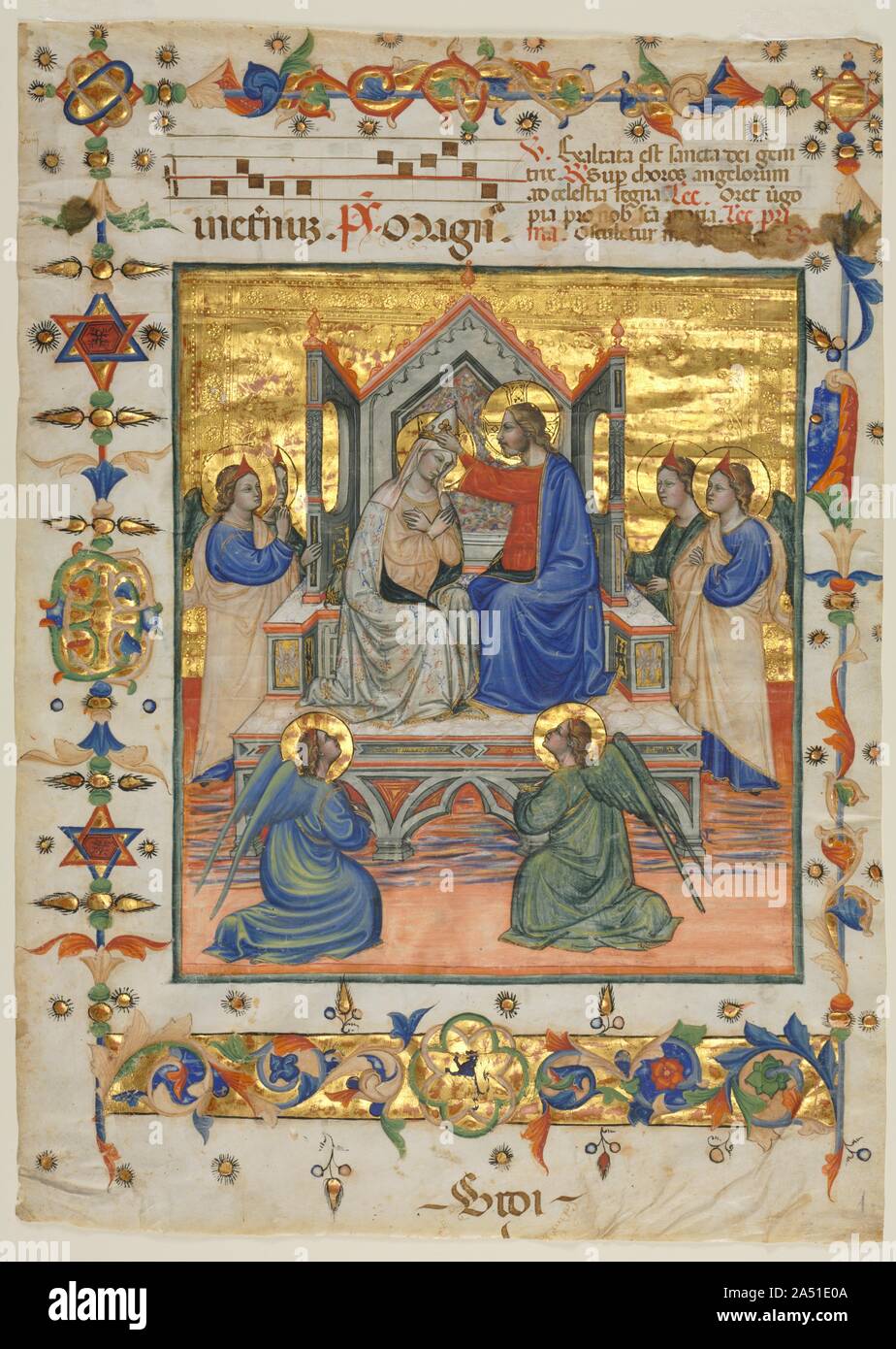 Blatt aus einem antiphonar: Krönung der Jungfrau, 1400. Die nicht identifizierten illuminator dieses Blatt ist nach seiner Arbeit auf ein gemaltes Triptychon, das einmal hinter dem Altar der Kirche Santa Maria del Ponte, in dem kleinen Dorf in den Abruzzen Beffi hung benannt. Werke dieses Strahler zeichnen sich durch lebendige, ausdrucksstarke Figuren, und brillante Farben. Neben Tafelbildern, diesen unbekannten Künstler auch beleuchtet Bücher und gemalten Fresken. Im großen Maßstab dieser Miniatur zeigt an, dass das Blatt diente als Frontispiz ein Volume in einem Satz von antiphonaries. Stockfoto