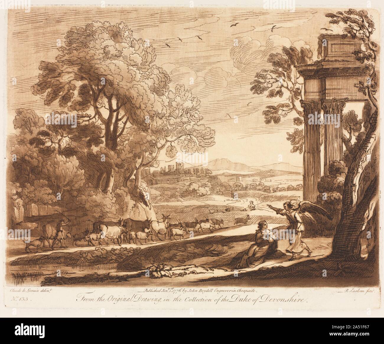 Liber Veritatis: Nr. 133, die Landschaft, die mit Vieh, und der Engel trösten Hagar, 1776. Stockfoto