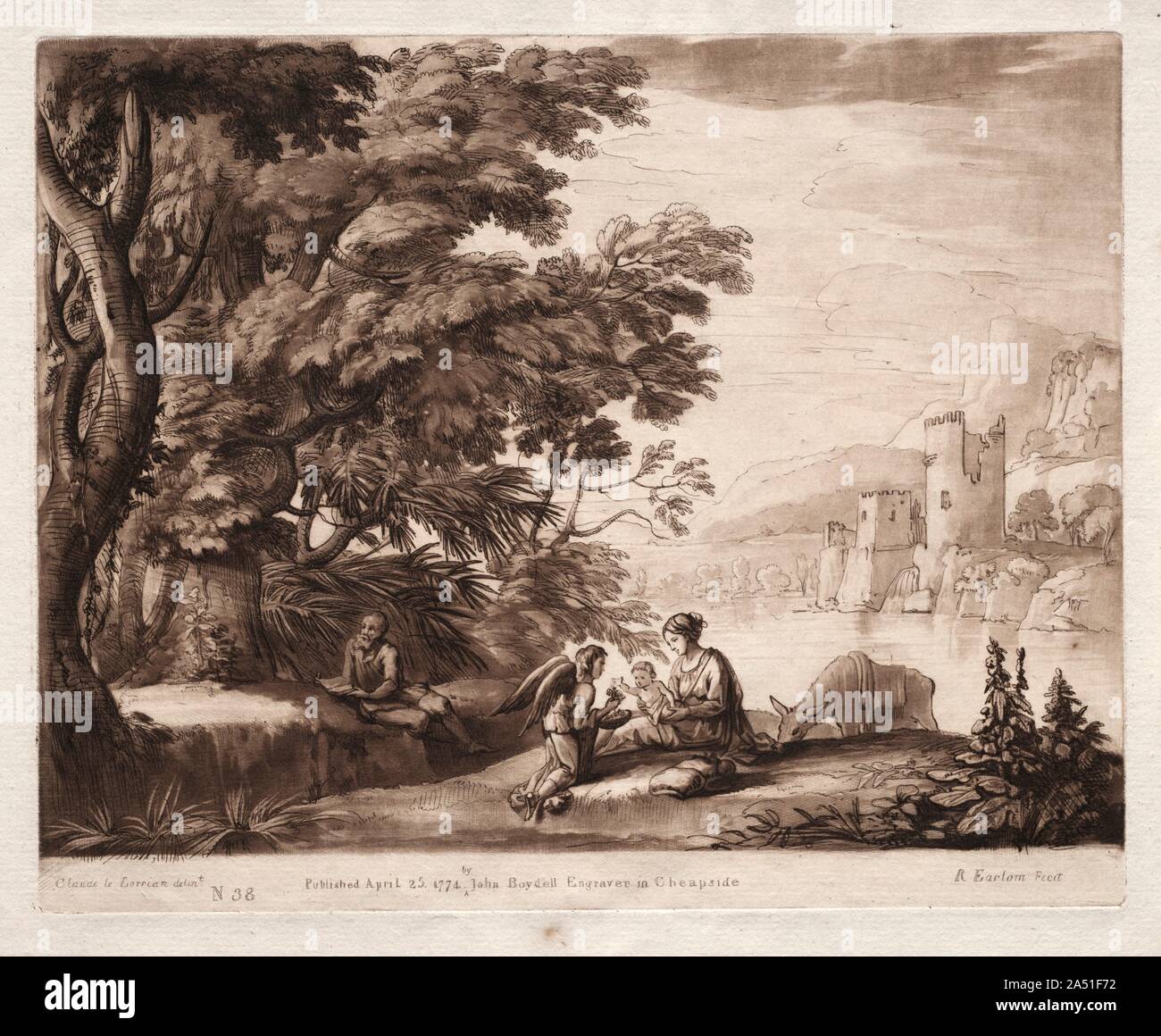 Liber Veritatis: Nr. 38, die Ruhe der heiligen Familie entlang eines Flusses, 1774. Stockfoto