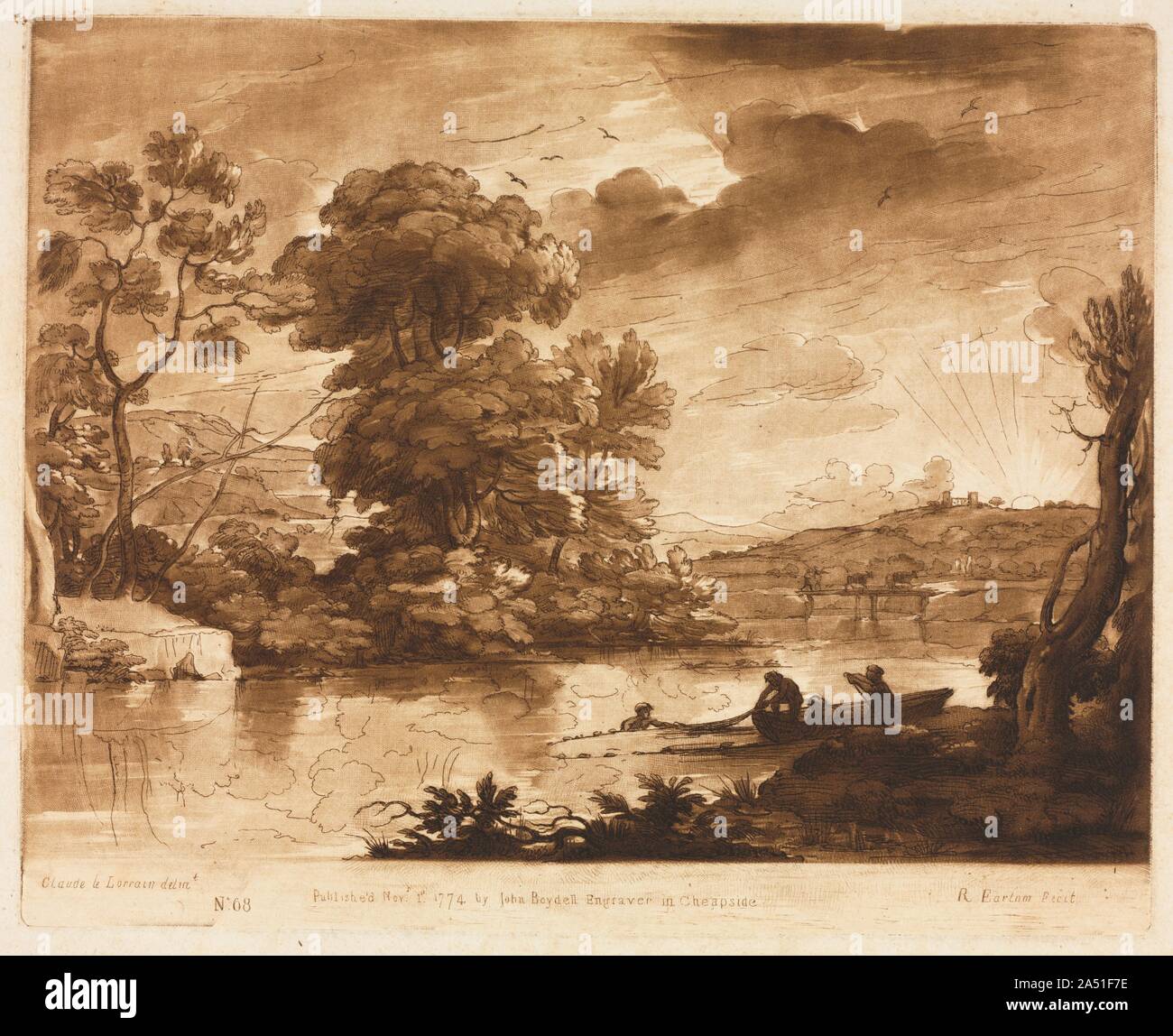 Liber Veritatis: Nr. 68, eine Landschaft bei Sonnenuntergang mit Fischer Zeichnung ein Netz, 1774. Stockfoto
