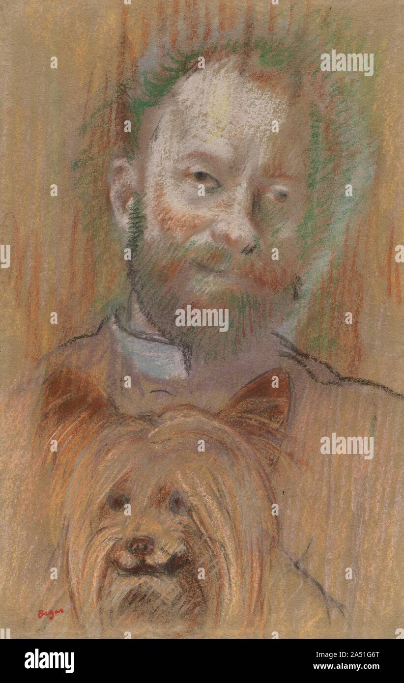 Ludovic Lepic Holding seinen Hund, 1889. Rasch in Pastelltönen ausgeführt, die Formen in diesem Porträt von Degas &#x2019;s artist Freund, Graf Ludovic Lepic sind mit expressiver Freiheit und emotionale Kraft definiert. Die Leiter der beiden die Hund und seinen Master sind summarisch durch die dunklen Linien, die Schulter, Mund, Augen und Ohren, und durch die weißen Bereiche, die auf den Ebenen des Lepic &#x2019;s Gesicht und Stirn. Belgischer Griffon &#x2019;s Mund ist nach oben gedreht, als ob Lächeln, aber Lepic &#x2019;s Ausdruck ist müde und wehmütig; seine Augen vorschlagen leiden. Ein durchdringender Vision des Lebens c Stockfoto