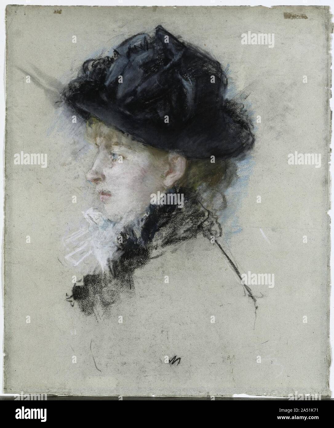 Mlle. Louise Riesener, 1888. Dieses Pastell porträtiert Morisot &#x2019;s Freund, die Tochter von L&#xe9;auf Riesener, eine romantische Maler und ein Cousin des Eug&#xe8; ne Delacroix. Hier ist sie eine Hommage an die pastellfarbenen Porträts von ihrem Freund und Mentor Edouard Manet, die das Medium mit exquisiten Spontaneität, die in den Jahren bis zu seinem Tod im Jahre 1883 benutzt hatte. Es hat sich für die begrenzte Palette von Manet beschränkt &#x2019;s, Pastelle, nur mit Schwarz und Weiß, mit einem Hauch von Rosa an der Mündung und Blau das Auge zu beleben. Stockfoto