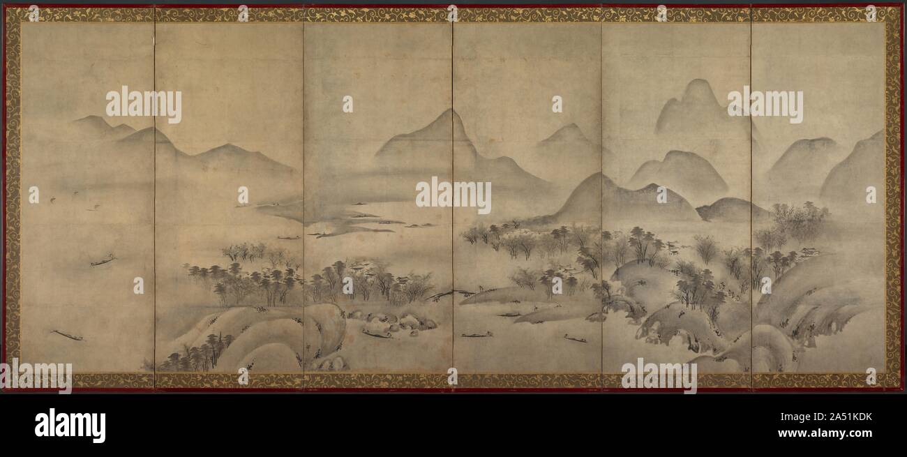 Mondhelle Landschaft (einer der beiden), Ende 1500. Diese unsigned und unversiegelte Zusammensetzung umfasst Bilder aus den Acht Ansichten des Xiao und Xiang Rivers. Scannen der Zusammensetzung von rechts nach links, vier der acht Ansichten Themen erscheinen: Abendrot über ein Fischerdorf, Segel aus einem fernen Land, Herbst Mond über Lake Donting, und am Abend Glocke von einem Nebel eingehüllt Tempel. Nicht alle Elemente der traditionellen Acht Ansichten Thema sind hier, aber der Künstler schlägt seine literarische Präsenz von führenden den Zuschauer durch ein Sommer ’s Reise von einem Tag auf den nächsten, unterstützt, wie Th Stockfoto