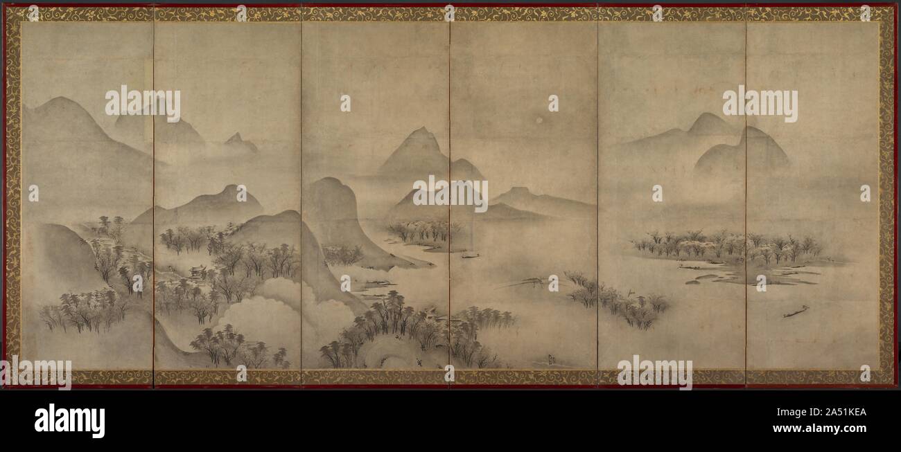 Mondhelle Landschaft (einer der beiden), Ende 1500. Diese unsigned und unversiegelte Zusammensetzung umfasst Bilder aus den Acht Ansichten des Xiao und Xiang Rivers. Scannen der Zusammensetzung von rechts nach links, vier der acht Ansichten Themen erscheinen: Abendrot über ein Fischerdorf, Segel aus einem fernen Land, Herbst Mond über Lake Donting, und am Abend Glocke von einem Nebel eingehüllt Tempel. Nicht alle Elemente der traditionellen Acht Ansichten Thema sind hier, aber der Künstler schlägt seine literarische Präsenz von führenden den Zuschauer durch ein Sommer &#x2019;s Reise von einem Tag auf den nächsten, unterstützt, wie Th Stockfoto