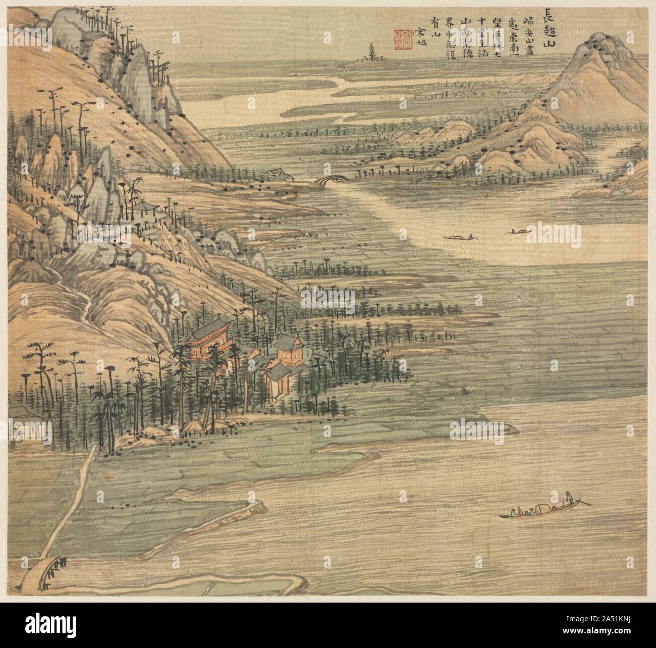 Mt. Changchao, 1500. Dieses Album von landschaft gemälde zeigt die schönsten Gegenden in und um die Stadt von Wuxing im Südosten Chinas. Der Künstler, Song Xu, war nicht ein Eingeborener der Stadt, müssen es aber besucht haben, wenn er der Kommission angenommen, für die er sorgfältig alle achtzehn Ansichten dargestellt und schrieb Kommentare zu jedem von Ihnen. Diese Orte wurden alle für ihre natürliche Schönheit bekannt, sondern darüber hinaus eine Reihe wurden von ihren Links zu bedeutenden historischen Persönlichkeiten und Ereignissen distingusihed. Im Gegensatz zu anderen Künstlern seiner Zeit, Song Xu begünstigt eine Malweise, die technisch poliert wurde und Stockfoto