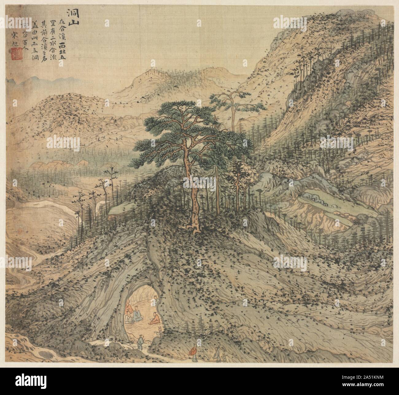 Mt. Dong (Grotte Berg), 1500. Dieses Album von landschaft gemälde zeigt die schönsten Gegenden in und um die Stadt von Wuxing im Südosten Chinas. Der Künstler, Song Xu, war nicht ein Eingeborener der Stadt, müssen es aber besucht haben, wenn er der Kommission angenommen, für die er sorgfältig alle achtzehn Ansichten dargestellt und schrieb Kommentare zu jedem von Ihnen. Diese Orte wurden alle für ihre natürliche Schönheit bekannt, sondern darüber hinaus eine Reihe wurden von ihren Links zu bedeutenden historischen Persönlichkeiten und Ereignissen distingusihed. Im Gegensatz zu anderen Künstlern seiner Zeit, Song Xu bevorzugt ein Gemälde Stil, war technisch Stockfoto