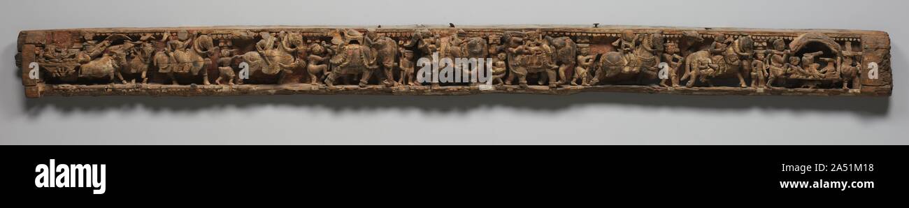 Erzählung Fries: Würdenträger in der Sänfte und Ochsenkarren - zargenrahmen aus einem Jain Tempel, 1500s-1600s. Stockfoto