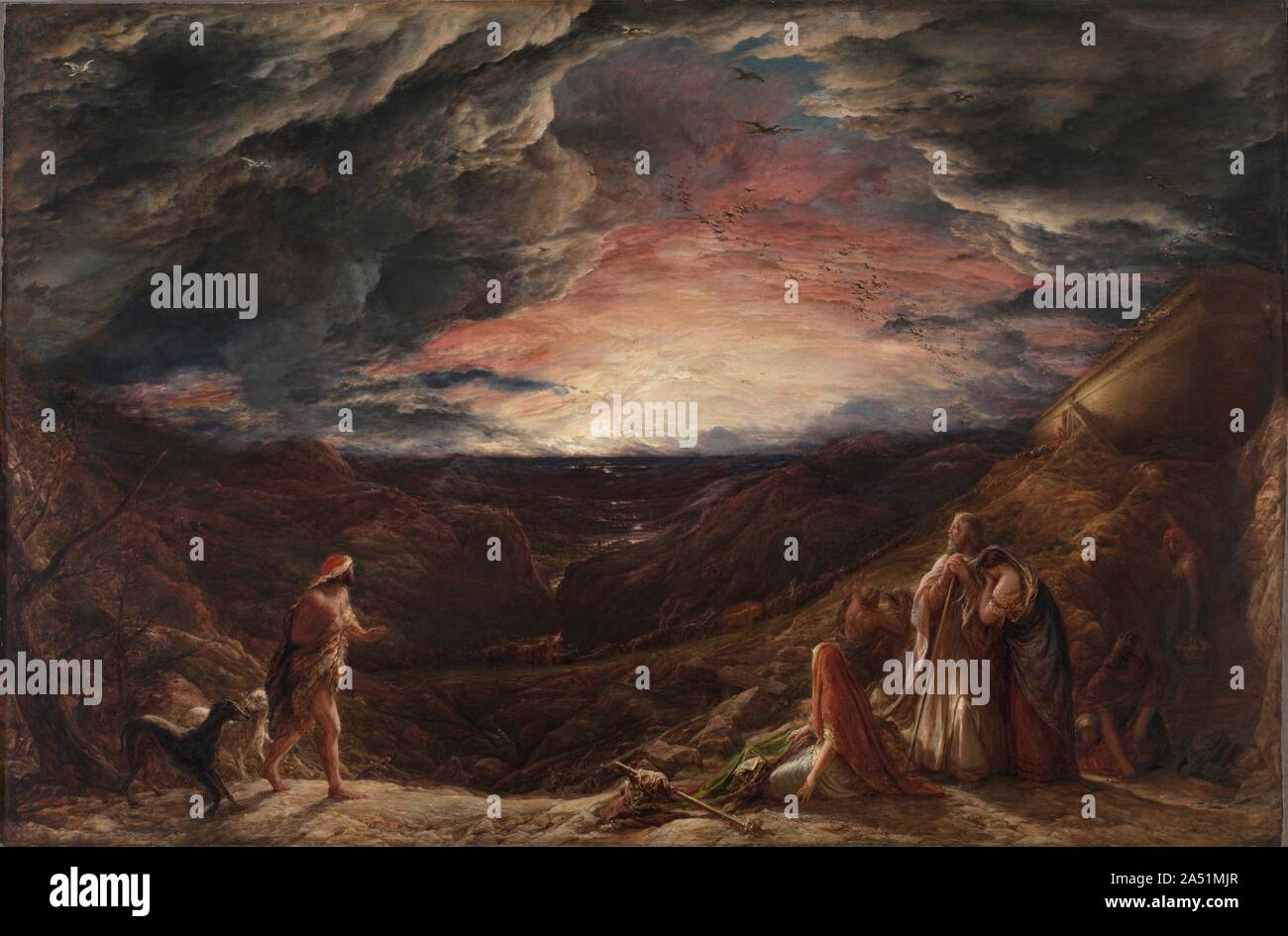 Noah: Der Vorabend der Sintflut, 1848. John linnell stellt eine Vision von der Britischen Landschaft, die reich an geistlichen und poetische Assoziationen. Er stützt sich auf die biblische Geschichte von der Arche Noah, in denen Gott befiehlt Noah ein Schiff in den Hafen seiner Familie und Tieren aus der Großen Flut zu errichten. Der englische Dichter John Milton (1608-1674) beschäftigte sich auch mit der Geschichte in seinem epischen Gedicht Paradise Lost (1667), eine Passage aus dem Linnell neben seiner Malerei an der Königlichen Akademie Ausstellung in 1848 enthalten. Der Kontext für linnell's Bild kann die Debatte vertreten in der Zeit zwischen Theologen und Wissenschaftler über die Stockfoto