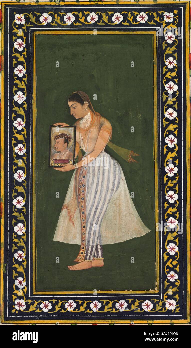 Nur Jahan, Holding ein Porträt des Kaisers Jahangir, C. 1627. Die Kaiserin Nur Jahan, Jahangir &#x2019;s favorite Frau, ausgeübt Einfluss in Angelegenheiten des Staates. Durch alle Konten, einschließlich derer von jahangir selbst und europäische Besucher der Mughal Gericht, sie war eine bemerkenswerte und brillant, Frau. Dieses Gemälde kann kurz nach dem Tod von Jahangir vorgenommen wurden. Er erscheint in seinem Portrait gealtert, und es hallt eine ähnliche Zusammensetzung aus einem anderen Malen, in denen Jahangir hält eine gemalte Porträt von seinem verstorbenen Vater, Akbar. Stockfoto