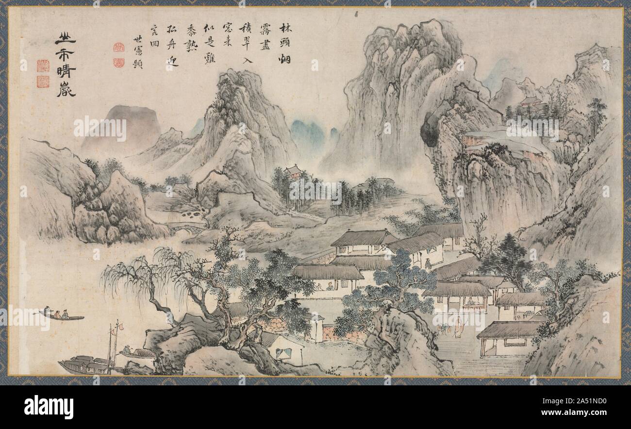 Einer der Acht Ansichten von Xiao und Xiang Flüsse, 1788. Durch den frühen Alter von 25 Jahren, Tani Buncho hatte bereits die Literaten Malerei Stil der Ming Dynastie Wu Schule gemeistert. Seine 1788 Gemälde der Acht Ansichten des Xiao und Xiang Rivers zeigen deutlich, einen Stil, der aus nicht nur die südliche Song inspirierte Mode von Muromachi Tuschemalerei unterscheidet sich aber auch die Kano Schule. Inschriften, die von der konfuzianischen Gelehrten Ichigawa Kansai (1749-1820) auf die Rückkehr der Segel aus einer fernen Küste, und die Inschriften von anderen Eliten auf die verbleibenden Abschnitte, deuten darauf hin, dass diese Wu Schule Stil Gemälde wurden möglicherweise um Stockfoto