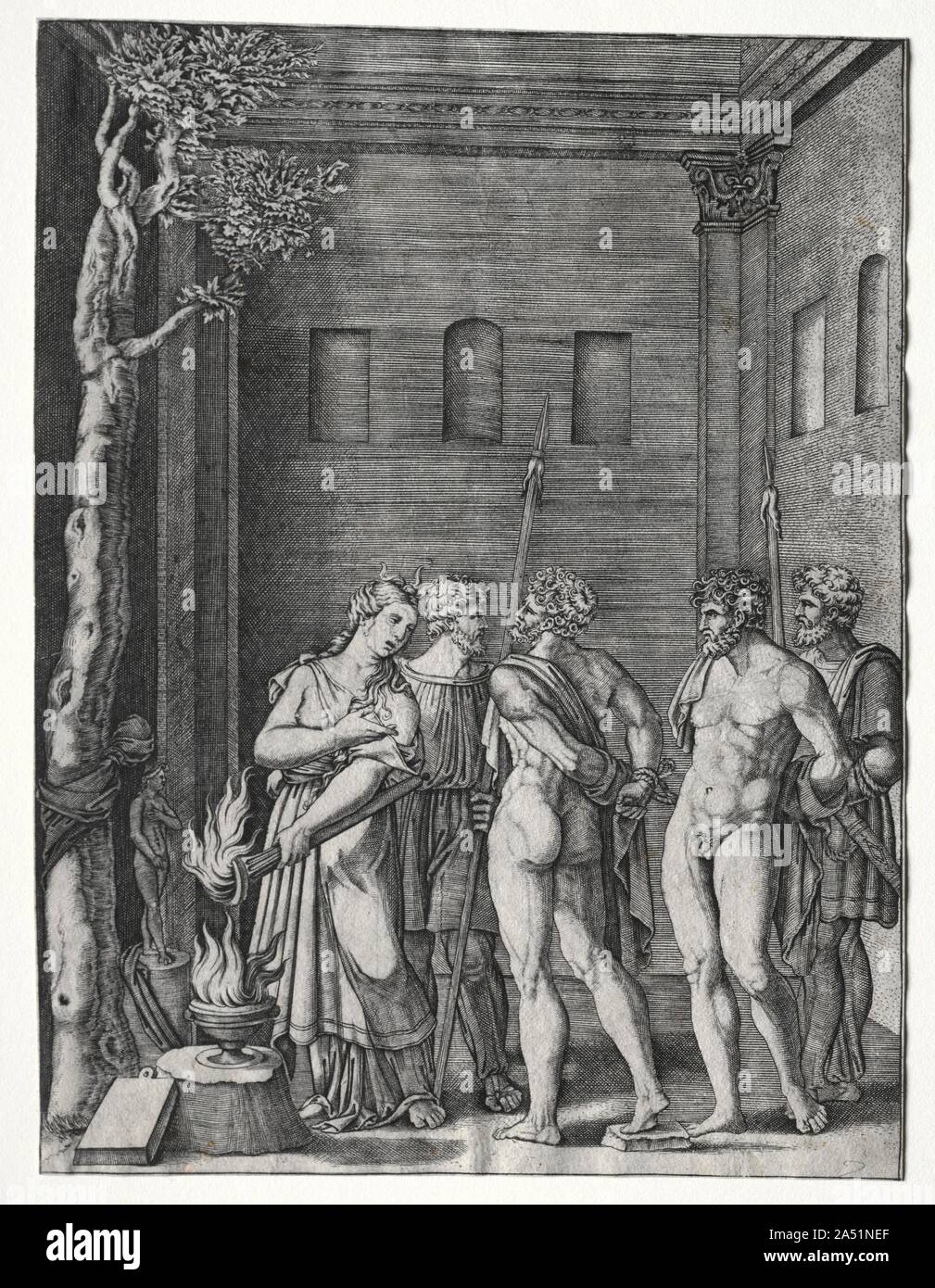 Orest und Pylades gebracht Iphigenie für Opfer, 1514/1536. Diese Szene kommt aus der griechischen Mythologie. Nach einer Version der Geschichte, Orestes (Sohn von Agamemnon, König von Mykene) und sein Begleiter, Pylades, Waren auf einer Mission, eine Skulptur der Göttin Artemis abzurufen gesendet. Sie wurden gefangengenommen, jedoch und brachte in den Tempel, um zu opfern. Glücklicherweise, hohe Priesterin des Tempels, Iphigenie, entpuppt sich Orest's Schwester zu sein, die Er glaubte lange bevor geopfert wurde. Durch ihre Reunion überglücklich, Iphigenie Orest und Pylades spart und hilft Ihnen dabei, die Statue zu erhalten. Agostino Mus Stockfoto