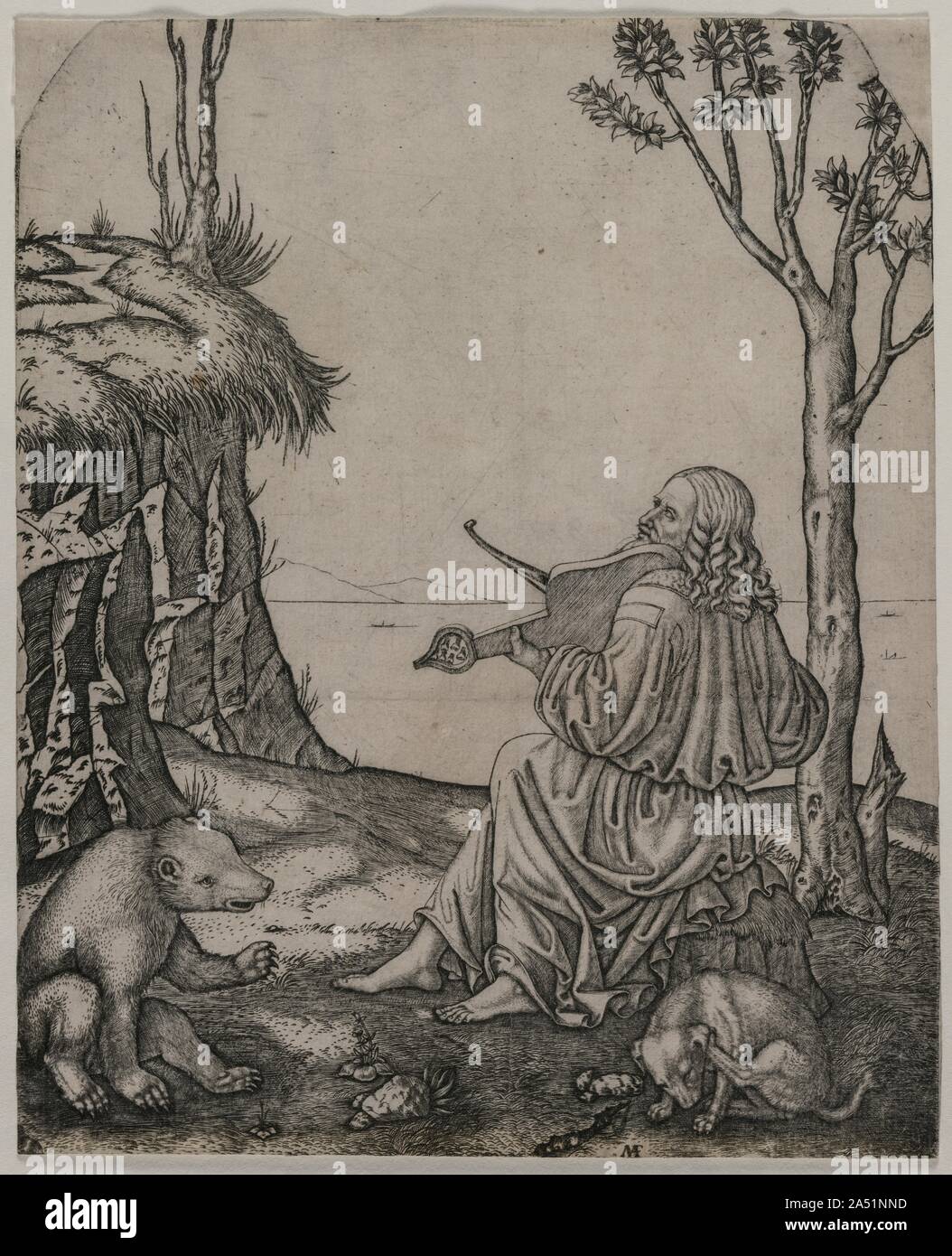 Orpheus Charming die Tiere, C. 1505. In der griechischen Mythologie, Orpheus war ein Sänger und Dichter. Er war eine Leier von Apollo, der Gott der Musik gegeben, und unterrichtet wurde von den Musen zu spielen. Seine Songs, melodisch durch sein Instrument begleitet, waren so schön, dass Sie wilde Tiere befriedet, die Meere beruhigt und animierte Bäume und Felsen. Hier eine gedämpfte Bär ist in der Nähe ein Hund dargestellt, und Steine haben die Musiker versammelt &#x2019;s Füße. Das Instrument hier dargestellt ist eine Lira da Braccio, ein Instrument, das von Leonardo da Vinci zu der Zeit gespielt, wenn diese Gravur gemacht wurde. Stockfoto