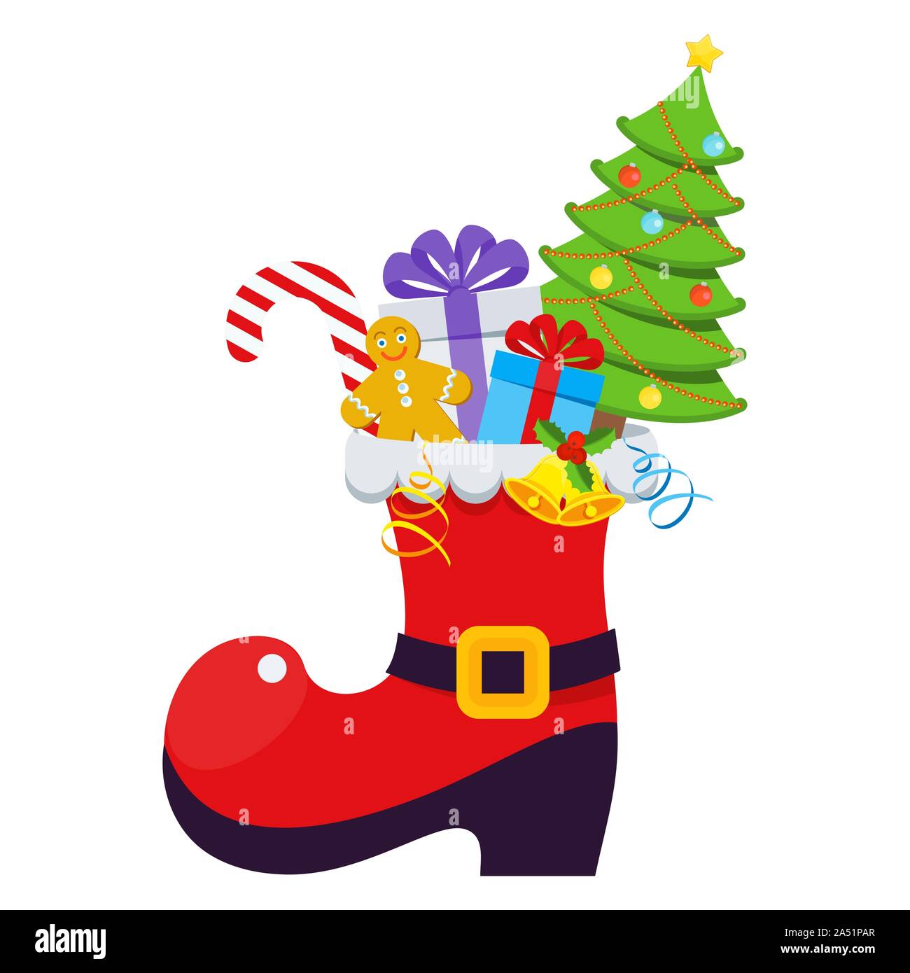 Rote Weihnachtsmann mit Geschenken, Leckereien und Weihnachtsbaum Stock Vektor