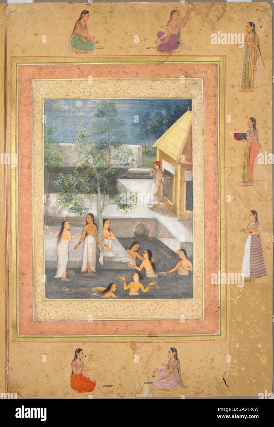 Seite aus dem späten Shah Jahan Album: Harem Night-Bathing Szene, C. 1653. Mindestens zwei Szenen von Frauen baden im Mondschein wurden in den späten Shah Jahan Album enthalten. In diesem Gemälde acht Frauen des Palastes haben Ihre äußeren Kleider und Schmuck entfernt auf ihre weiße Unterröcke zu schwimmen und dally in einem luxuriösen Marmorbad Pool. Eine männliche Figur, die vielleicht ein eunuch Guard oder imaginierten Voyeur sein, unbemerkt und verwies auf seinen Mund in einer Geste des Erstaunens, vielleicht von der Schönheit der Szene. Er geht auf ein kleines Gehäuse, Beschreibungen der zeremonielle Waschung roo Stockfoto