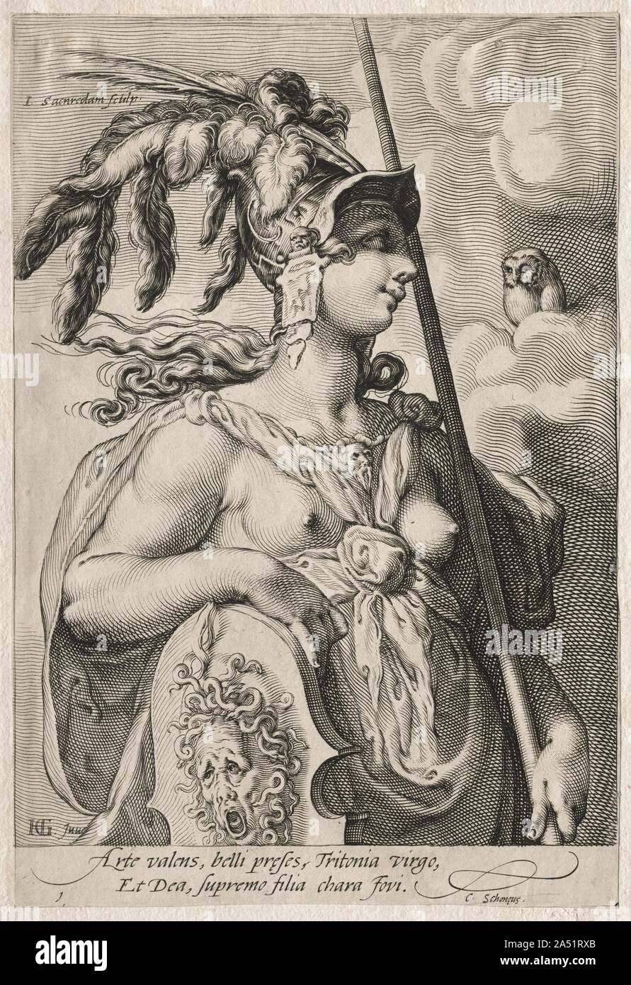 Pallas Athene, C. 1595. Goltzius popularisierte eine Art der Gravur in der hypnotisierende Muster der geschwungenen, spitz zulaufend und kreuz und quer durch Linien; es war besonders in den späten 1500s geschätzt. Konzipiert für seinen Schüler Saenredam zu gravieren, diese Drucke zeigen die drei Göttinnen aus der Geschichte von dem Urteil des Paris, in denen jeder den goldenen Apfel zu den Schönsten ausgezeichnet behauptet. Jupiter latente Urteil nach Paris, ein Sterblicher geschätzt für seine faire Offenheit. Juno und Athena versuchte Paris mit einem Empire und Fähigkeit im Krieg zu bestechen, aber Venus machte ihm ein Angebot, das er nicht widerstehen konnte: Helen, die Stockfoto