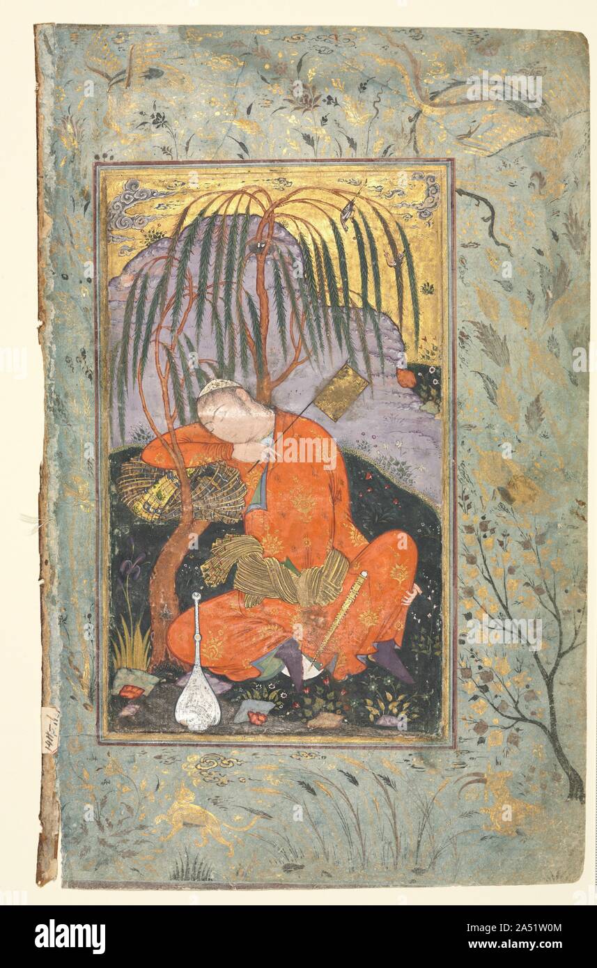 Persische Couplets (recto); Schlafen Jugend (verso), Ende 1500 - Anfang 1600. Unter Schah Abbas, die Tradition in der Malerei beschäftigt war, eine literarische Arbeit zu zeigen war aber aufgegeben. An seiner Stelle kam eine neue Sorge mit einer einzelnen Seite Abbildungen, wie dieser, die keine specirfic Inhalt oder Bedeutung. Oft zeigen Alben von Sammlungen von Verse über die Liebe und Schönheit, in der diese Themen erscheinen oft als Allegorien der göttlichen Dinge zu dienen. Stockfoto