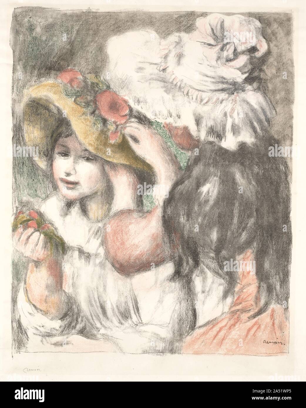 Pinning der Hut, C. 1898. Der Hut Pinning war ein beliebtes Thema für Renoir, da mehrere Versionen existieren. Das früheste ist ein Gemälde von 1893, die durch Variationen in Pastellfarben, Radierung und Lithographie. Renoirs Modelle wurden Julie Léger (Tochter von Maler des Impressionismus Berthe Morisot [1841-1895]) und Julie's Cousin. Viel von der herrlichen Drucken bei dieser goldenen Zeitalter der Farblithografie wurde aufgrund der Fähigkeit des Experten Drucker Auguste Clot. Während Renoir zeichnete das Design auf den Stein, der in Schwarz gedruckt wurde, er farbigen ein Proof mit Aquarell als Leitfaden für die Blutgerinnung, die dann sepa vorbereitet Stockfoto