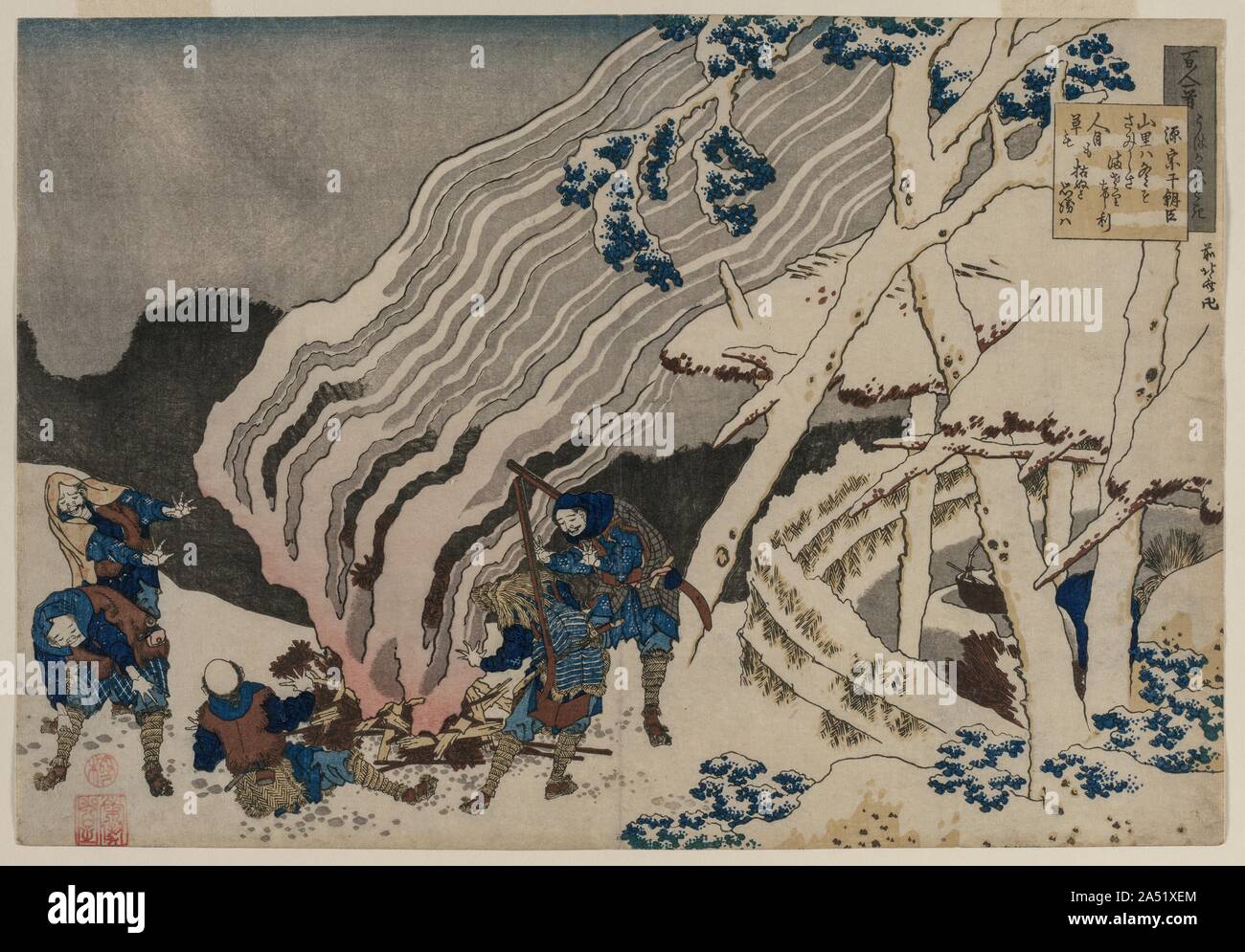 Gedicht von Minamoto no Muneyuki, aus der Serie 100 Gedichte von 100 Dichtern erklärt sich durch die Krankenschwester, 1835-36. Das Drucken von Katsushika Hokusai ist mit einer melancholischen Gedicht von Minamoto no Muneyuki (gestorben 939) in der oberen rechten eingeschrieben. Im Bergdorf, ist es im Winter, meine Einsamkeit erhöht sich die meisten, wenn ich daran denke, wie beide ausgetrocknet sind, die Gräser und Menschen &#x2019;s Besuche. Die Stimmung der Jäger, jedoch im Gegensatz zu dem Gedicht. Erscheinen sie fröhlich Erzählt werden Geschichten von Ihren Jagderfolg während Erwärmung ihre Hände um ein Brüllender Blaze. Ein langer Tag im Winter Stockfoto