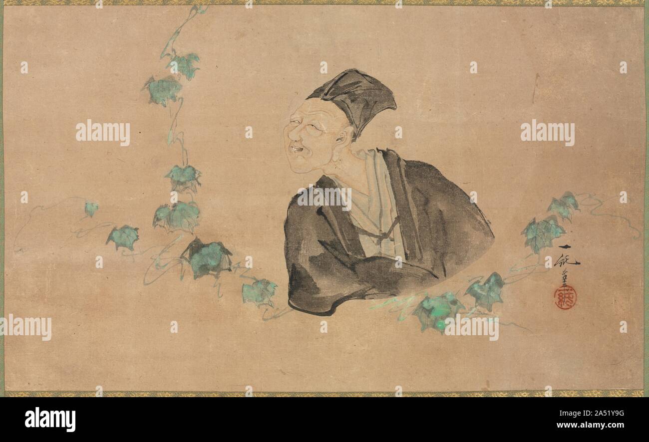 Portrait von Basho, 1700. Das 15. Jahrhundert Dichter Matsuo Basho noch betrachtet wird, Japan &#x2019;s größte Meister des haiku Gedicht, einen kurzen, 17-silbe Vers Form, dass einige Aspekt der Natur der menschlichen Erfahrung bezieht. Obwohl er einer der berühmtesten Männer seiner Zeit war, verfolgte er das einfache Leben der selbst auferlegten Armut und Einsamkeit. In diesem Porträt, Ichijun angedeutet, Matsuo &#x2019;s Haiku über die vorübergehende Leben: warau beshi beshi Naku, waga asagao Nein, shibomu Toki (zu lächeln oder zu weinen, als mein Gesicht am Morgen [Ehre] ist verwelkt). Stockfoto