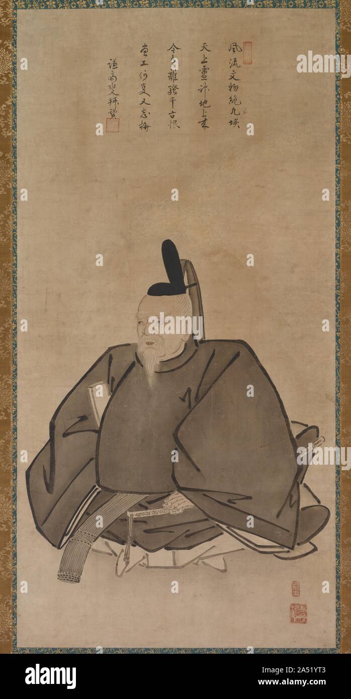 Portrait von Sugawara Michizane, Ende 1400 bis Anfang 1500. Sugawara Michizane (845-903) war ein Kyoto Aristokrat, der im Exil in Dazaifu in Japan starb &#x2019;s südlichen Insel Kyushu, am Hof verleumdet worden. Seine rachsüchtige Geist wurde später befriedet durch den Bau von Schreinen in seinem Namen. Sein Bild wurde in das Repertoire der zen-buddhistischen Abbildung Malerei, die Bodhisattvas, daoistischen Unsterblichen, und andere erleuchtete Wesen aufgenommen. Herausragende Mönch Sakugen Shuryo (1501-1579) bezeichnet diese Arbeiten, die von dem Mönch gemalt wurde - Maler Yogetsu von Kyushu, der reiste Osten ei zu studieren Stockfoto