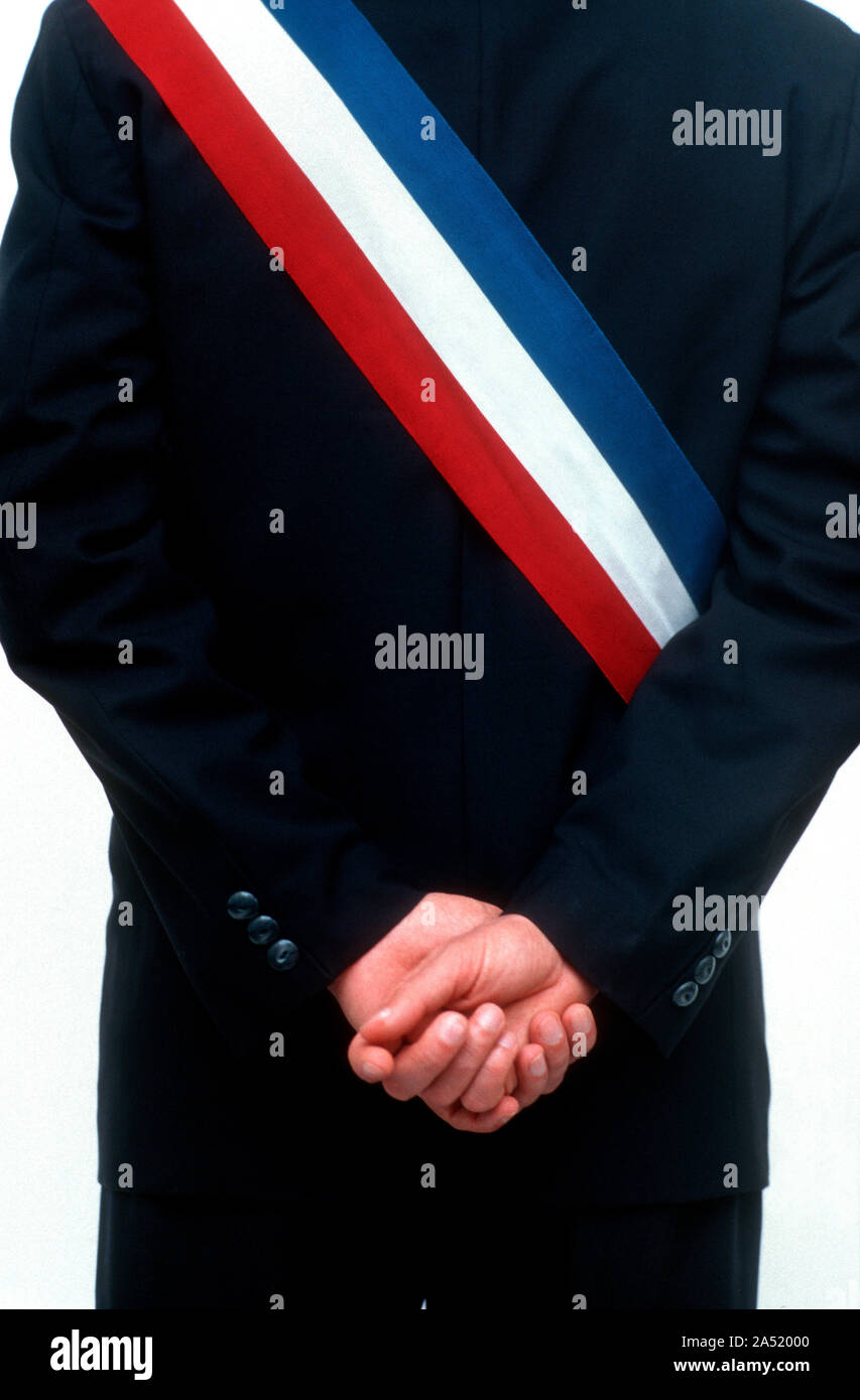 Französische Bürgermeister whit dreifarbige Schärpe Stockfoto