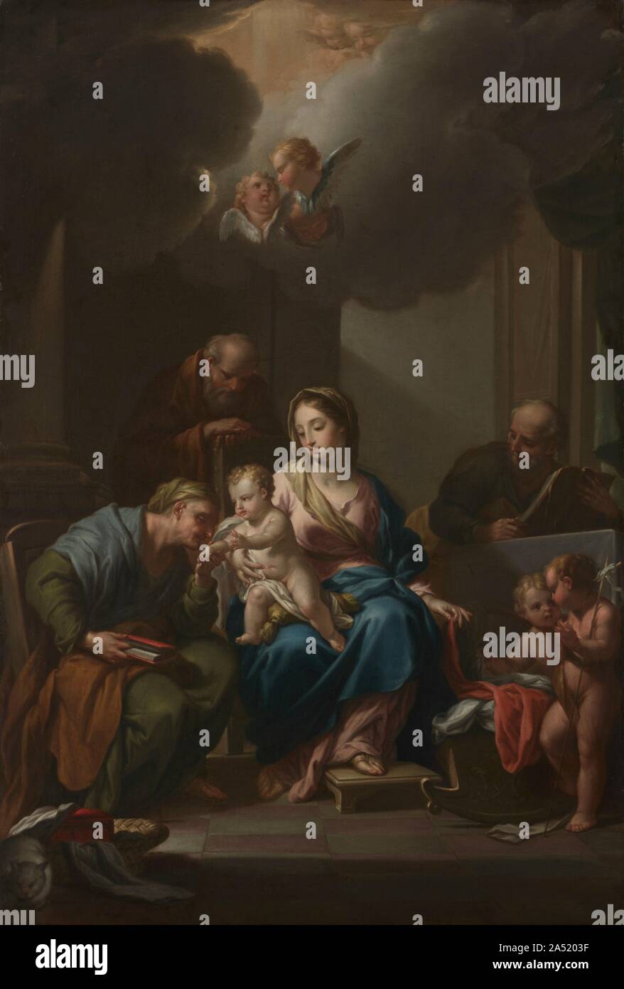 Präsentation Skizze für "die Heilige Familie mit Heiligen Anne, Joachim, und Johannes der Täufer" (für Santa Maria in Via Lata, Roma), C. 1729. Während der frühen 1700er, römische Künstler zurück zu christlichen Themen, vor allem auf das Christ Kind konzentriert. Diese Arbeit stellt die Heilige Familie mit Christus &#x2019;s Großeltern mütterlicherseits und Baby Cousin, Johannes der Täufer, betonte die Bedeutung der Beziehungen innerhalb der Familie. Der heiligen Anna und Joachim halten Bücher, wahrscheinlich aus dem Alten Testament, der Verstärkung der Christentum &#x2019;s-Verbindung zu den älteren jüdischen Tradition. Trevisani & Stockfoto