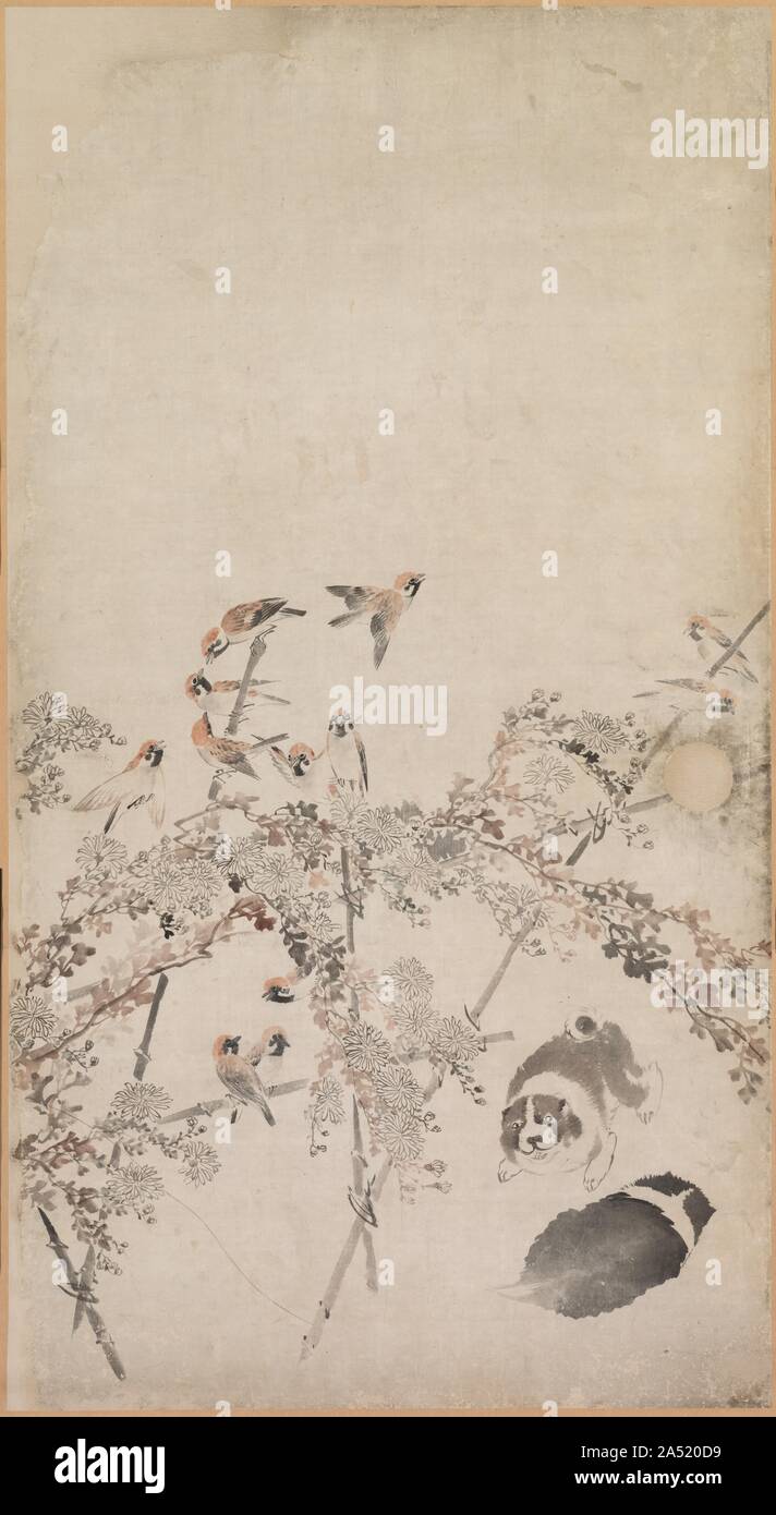 Welpen, Spatzen und Chrysanthemen, 1754-1799. Rosetsu ist als einer der vielseitigsten Maler des 18. Jahrhunderts Japan angesehen. Er studierte in Kyoto, Japan's Kulturhauptstadt, und genossen eine erfolgreiche Karriere als unabhängiger Künstler und nicht als eine eher konservative "Schule" Künstler. Ursprünglich wurden diese vier Bilder wurden auf den Wänden verwendet, Zimmer räumen in der traditionellen japanischen Interieur zu definieren. Das Licht Holzpaneele entlang verschieben, Nuten, die Innenräume mit minimalem Aufwand zu ändern. Die runden runden Bereiche in den Gemälden Papieroberflächen, jede umgeben von einem Stockfoto