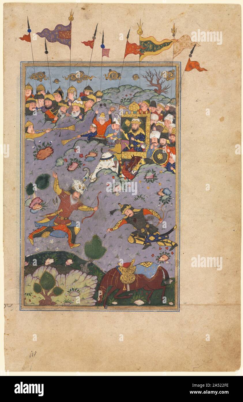 Rustam erfüllt die Herausforderung der Ashkabus, von einem Schah-nama (Buch der Könige) von Firdausi (Persisch, ca. 934-1020), C. 1590-1600. Der Iran war der Verlust einer Schlacht gegen Turan und die Armeen der versammelten Verbündeten aus Indien und China. Der Held Rustam kamen die iranische Armee zurück vom Rand der Zerstörung zu ziehen, slaying die feindlichen Krieger Ashkabus zu Fuß, während sein Pferd Rakhsh nach einem langen, harten Reise zu erholen. Die überwiegende Anzahl der Armeen in der Schlacht beteiligt ist durch die vielen Fahnen, die jenseits der Illustration verlängern &#x2019; s obere Grenze. Dieses Gemälde war wahrscheinlich an hergestellt Stockfoto