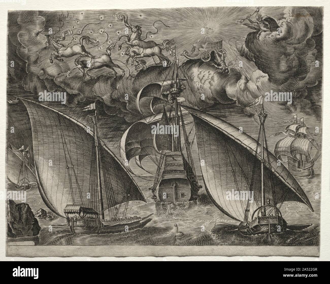 Segelschiffe: Zwei Galeeren Segeln hinter einem bewaffneten Three-Master mit Phaeton und Jupiter am Himmel, 1561-65. Stockfoto